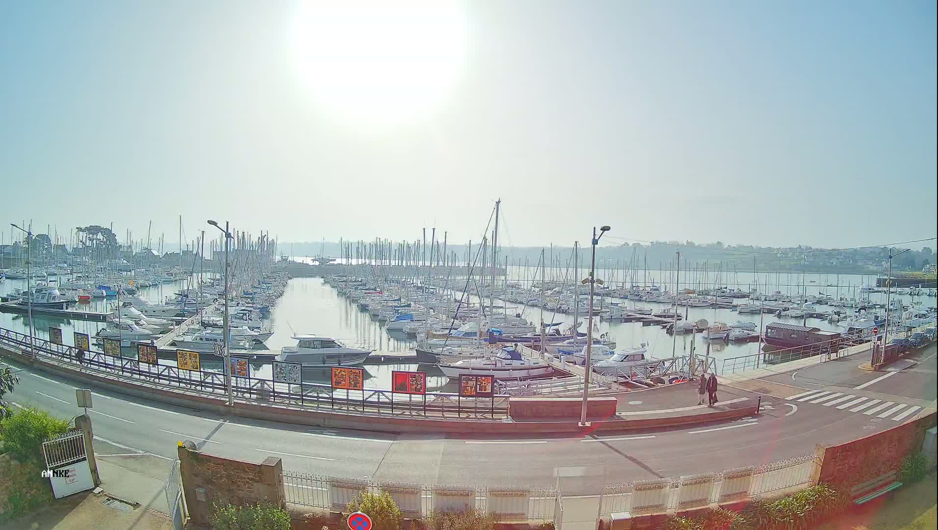 A marina filled with numerous sailboats and motorboats is seen on a sunny day.
