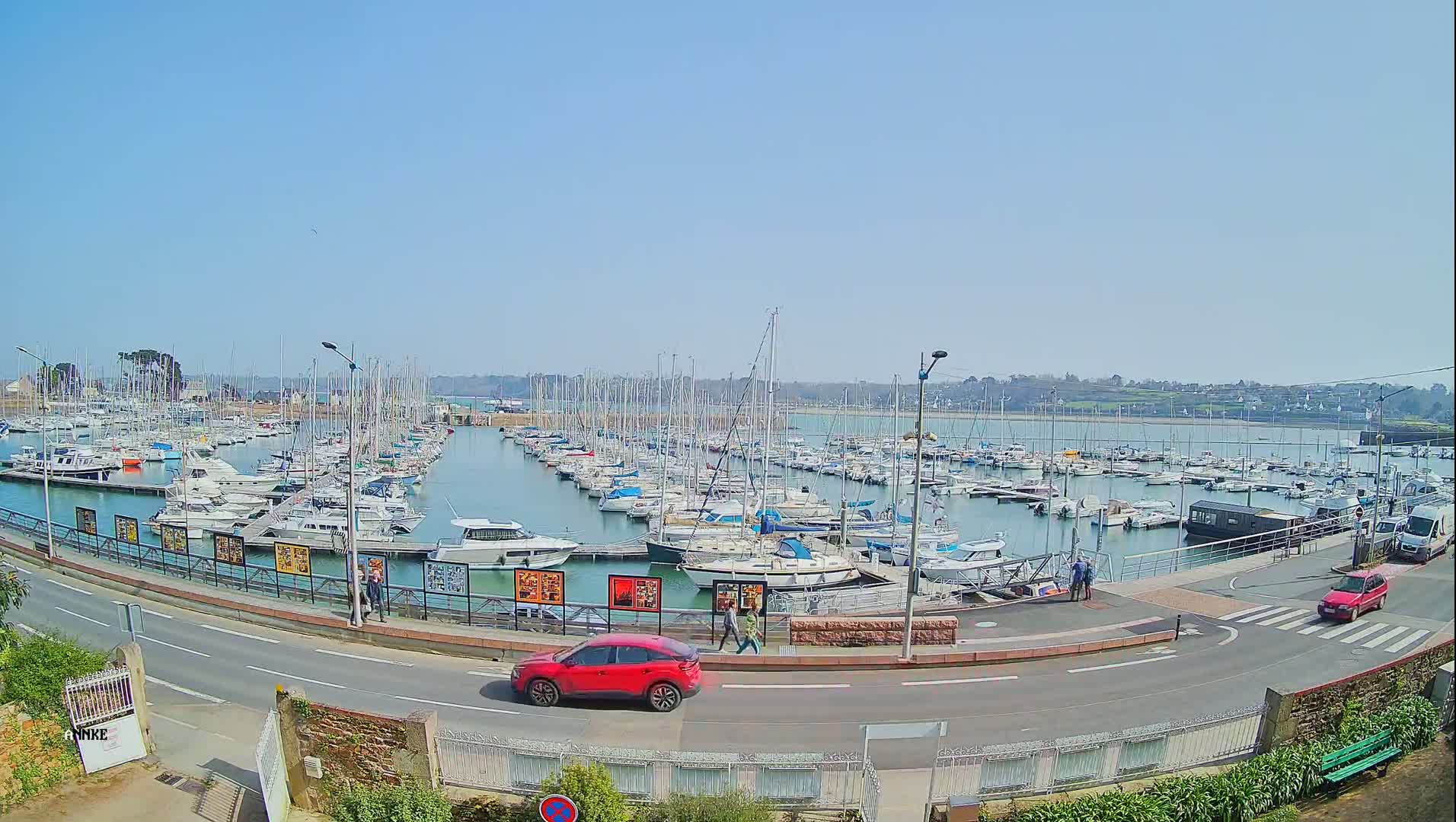 A sunny day at a marina filled with numerous sailboats and motorboats, with a red car and a few pedestrians visible near a road.