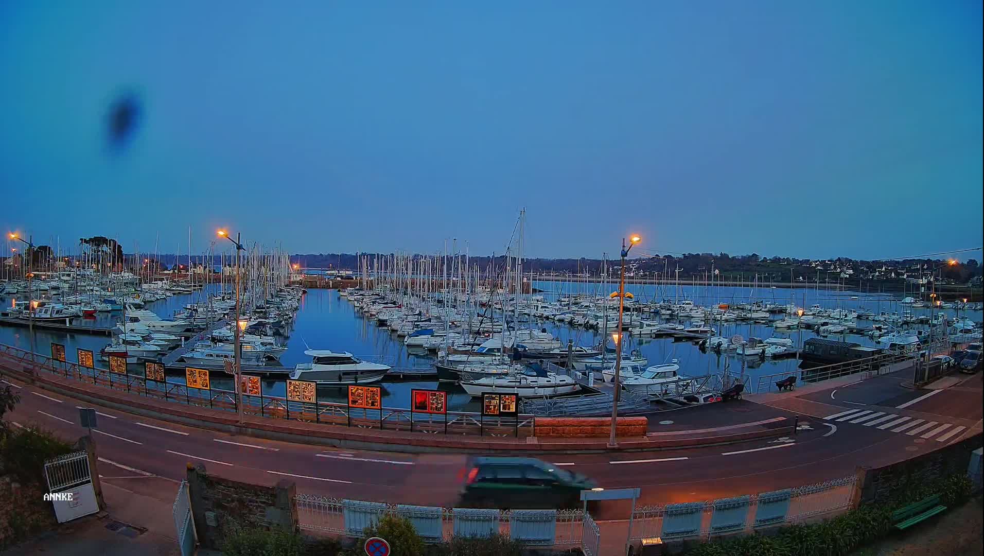 A harbor filled with numerous sailboats and motorboats is seen at twilight under a clear, dark blue sky.