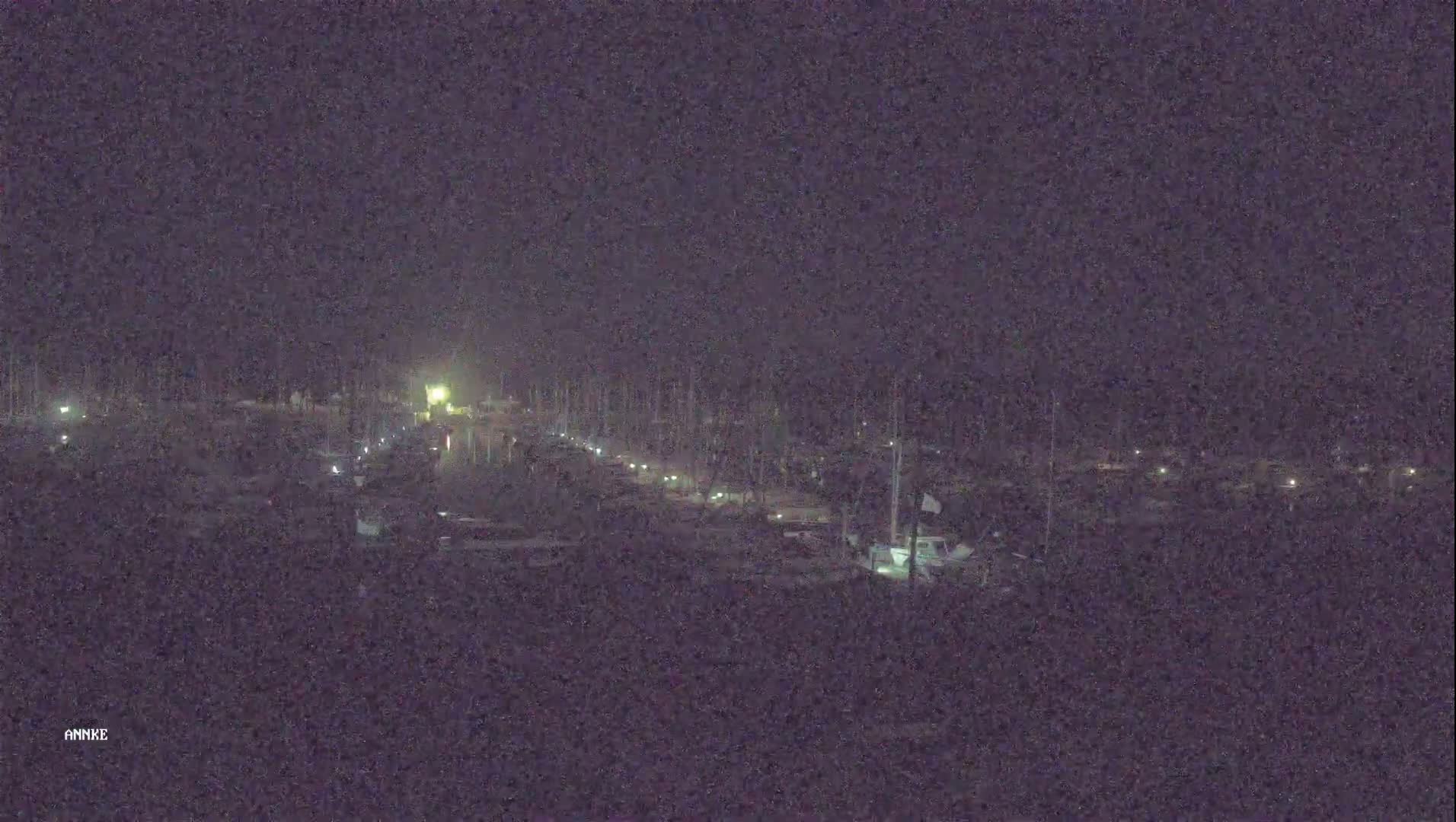 A nighttime long shot of a marina with many boats docked under a dark sky.