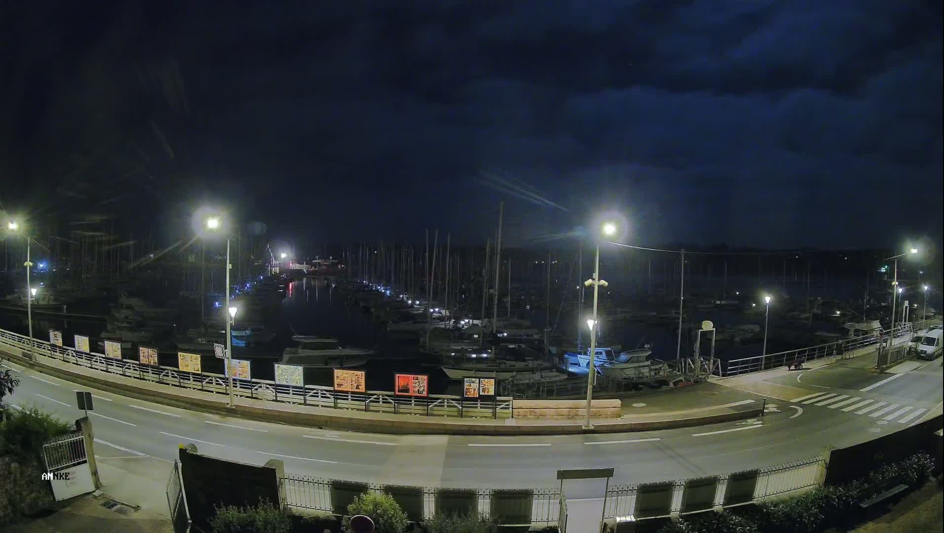 A nighttime view of a marina filled with sailboats and motorboats under a dark, cloudy sky.