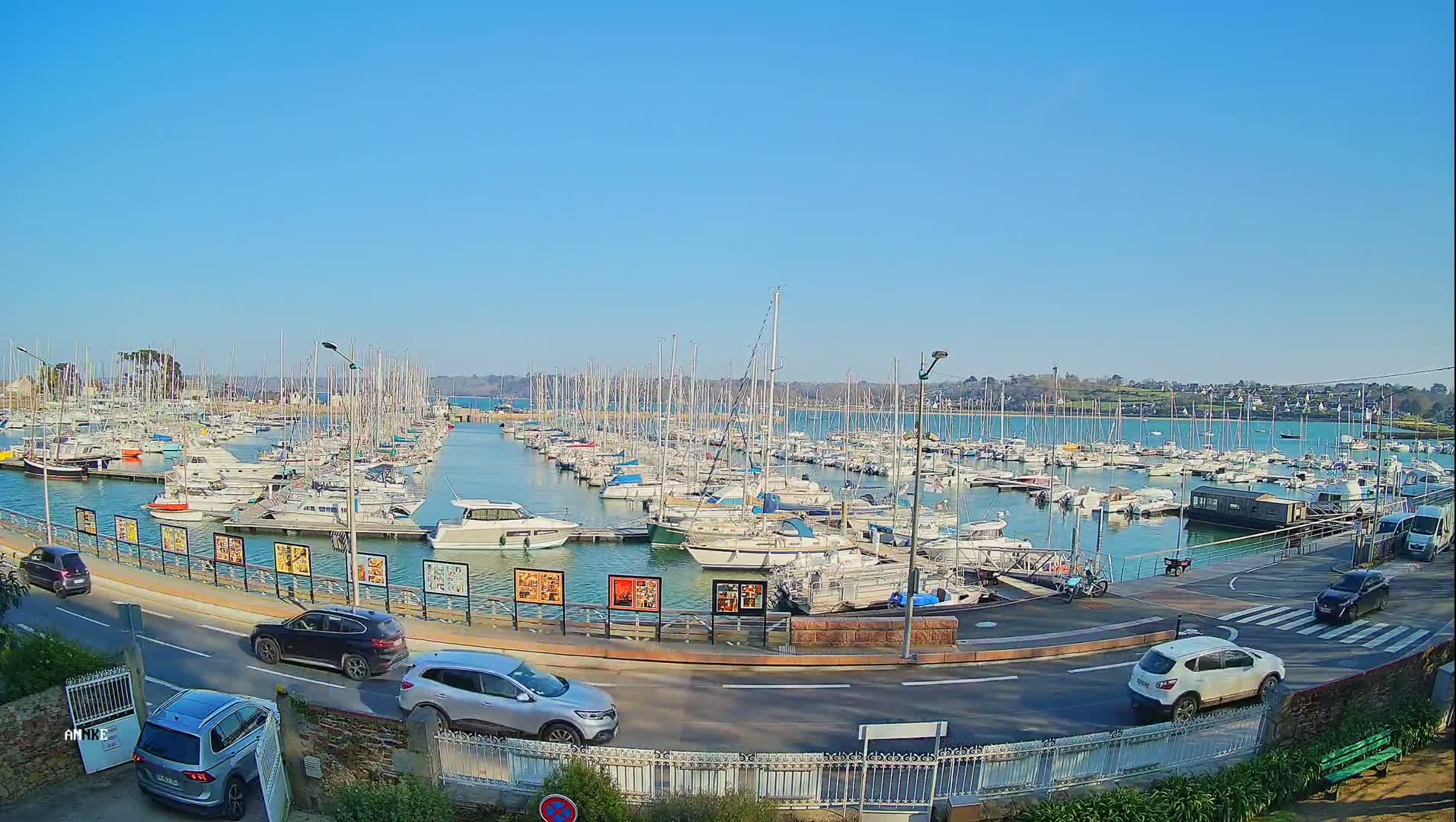 A harbor filled with numerous sailboats and motorboats under a clear, sunny sky, with several cars parked along a nearby road.