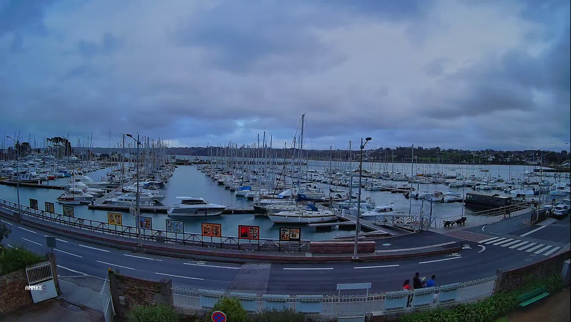A marina filled with many sailboats and motorboats is viewed from a distance under an overcast sky.