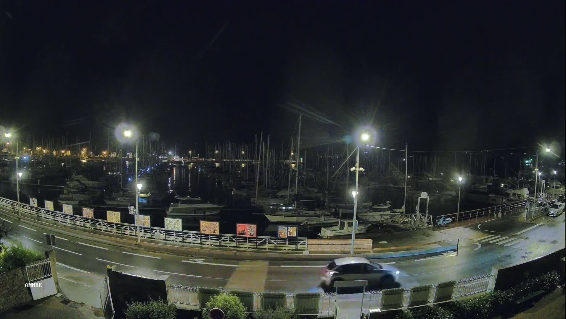 A nighttime view of a marina filled with docked boats, illuminated by streetlights, with a car driving along a nearby road.