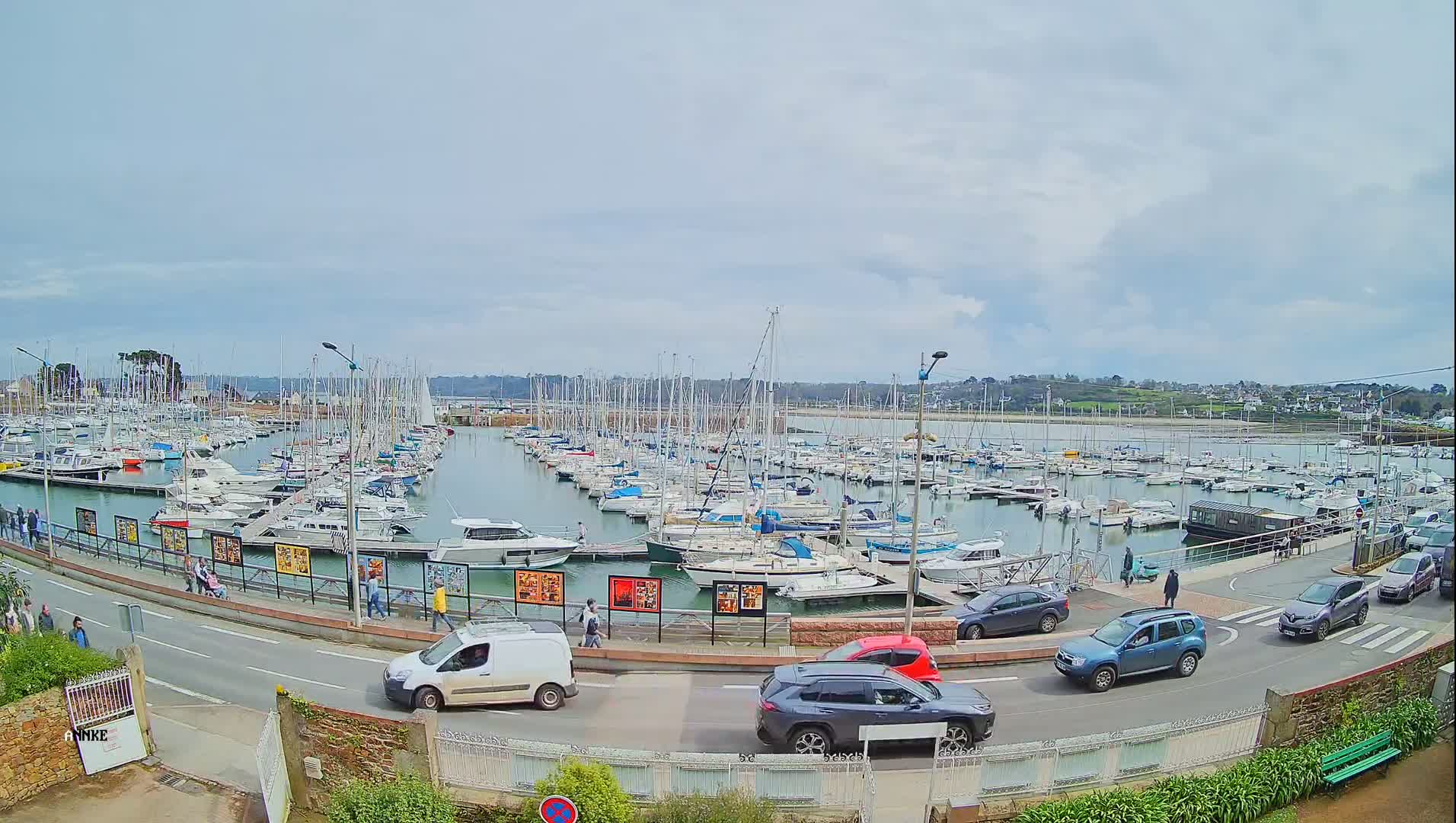 A harbor filled with numerous sailboats and motorboats is viewed from a nearby road with overcast skies and several cars parked and driving along the road.