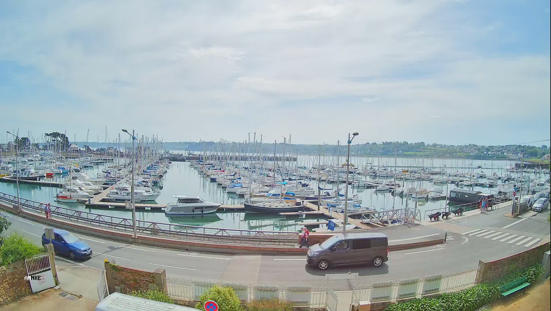 A marina filled with numerous sailboats and motorboats under a partly cloudy sky is viewed from above a roadway.