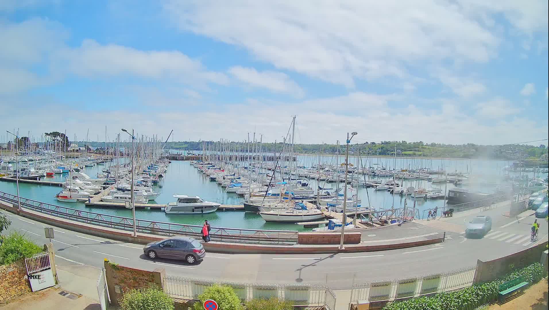A marina filled with numerous sailboats and motorboats is situated under a partly cloudy, sunny sky, with a road and some pedestrians visible nearby.
