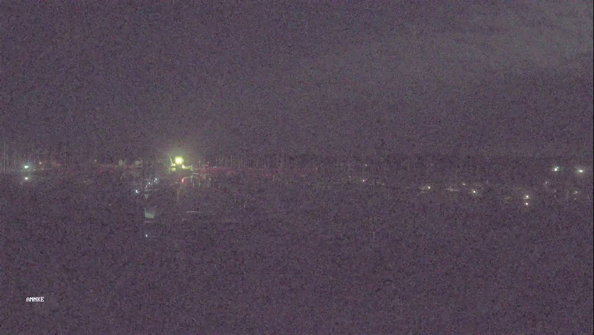 A nighttime, low-light view shows a dark, possibly water-adjacent area with sparsely scattered lights in the distance.