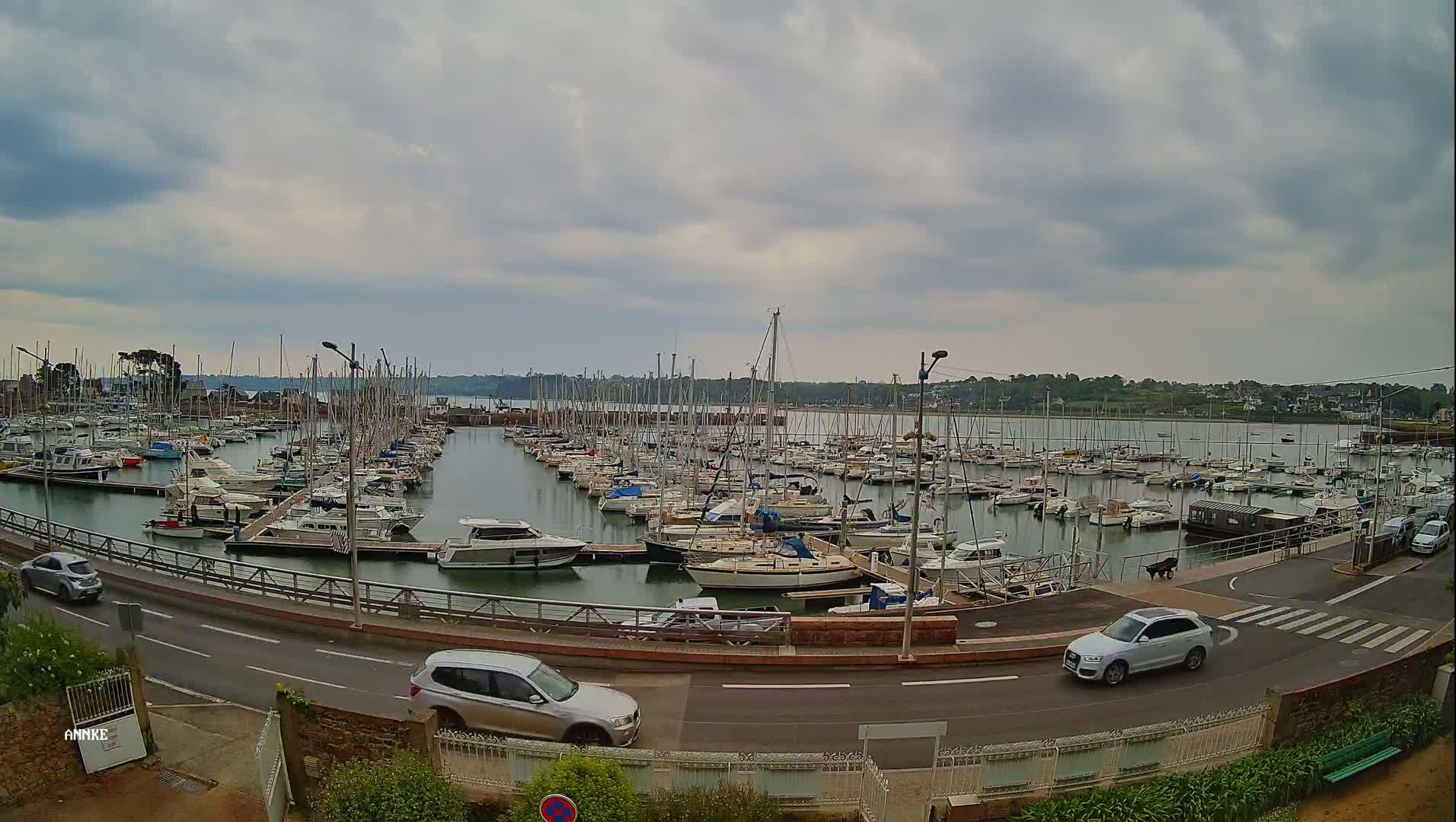 A marina filled with numerous sailboats and motorboats is viewed from a roadside overlooking calm water under a cloudy sky.