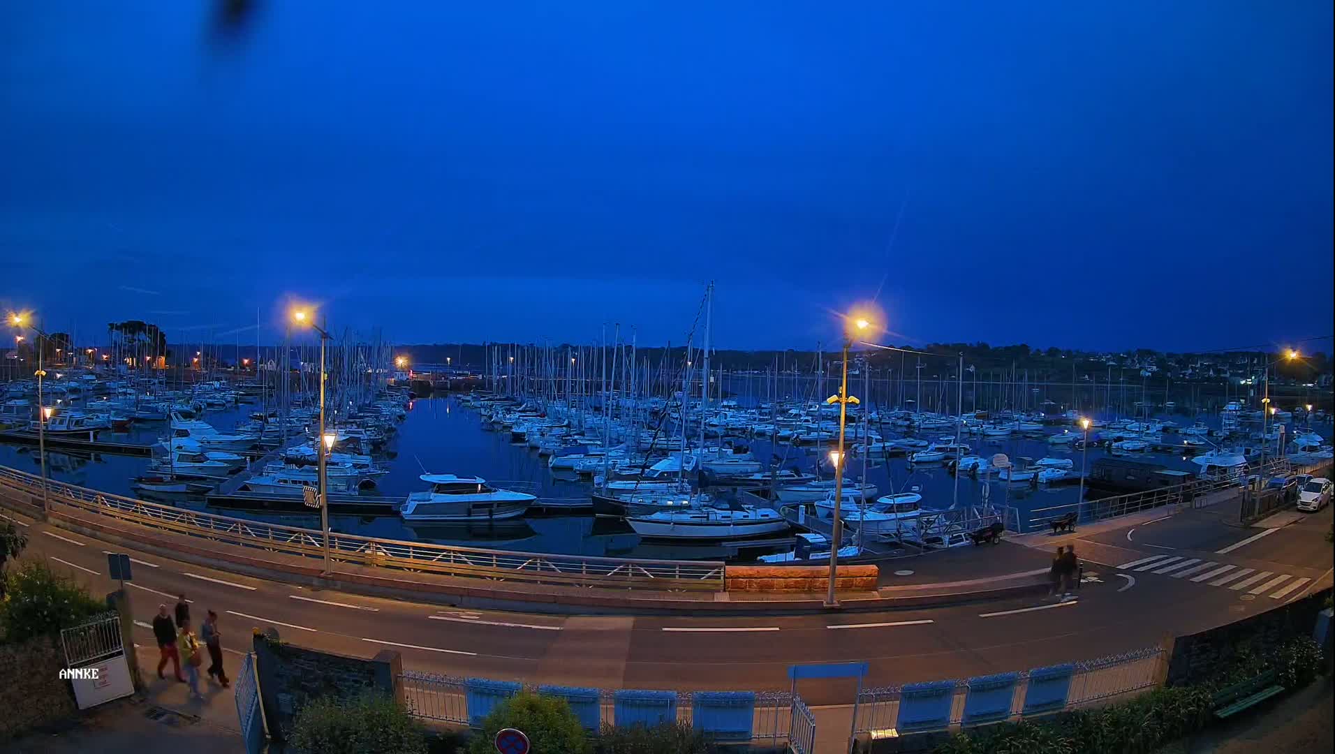 Under a twilight blue sky, a marina filled with numerous sailboats and motorboats is illuminated by streetlights, with a road and a few pedestrians visible along the waterfront.