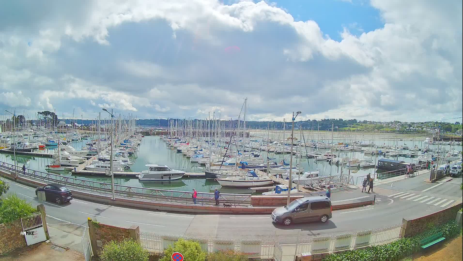 A harbor filled with numerous sailboats and motorboats under a partly cloudy sky.
