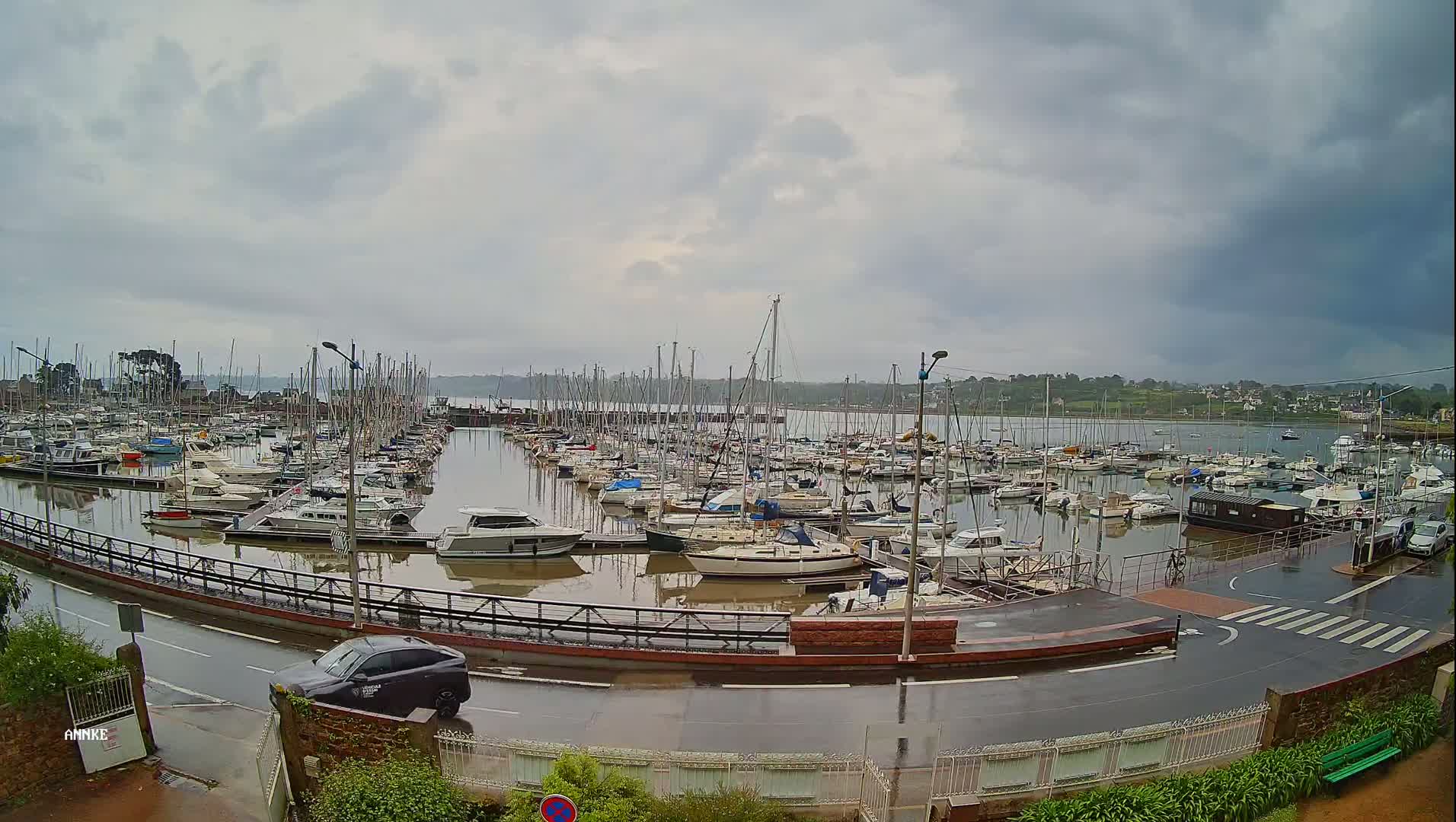 A marina filled with numerous sailboats and motorboats is seen on a rainy day under a cloudy sky.