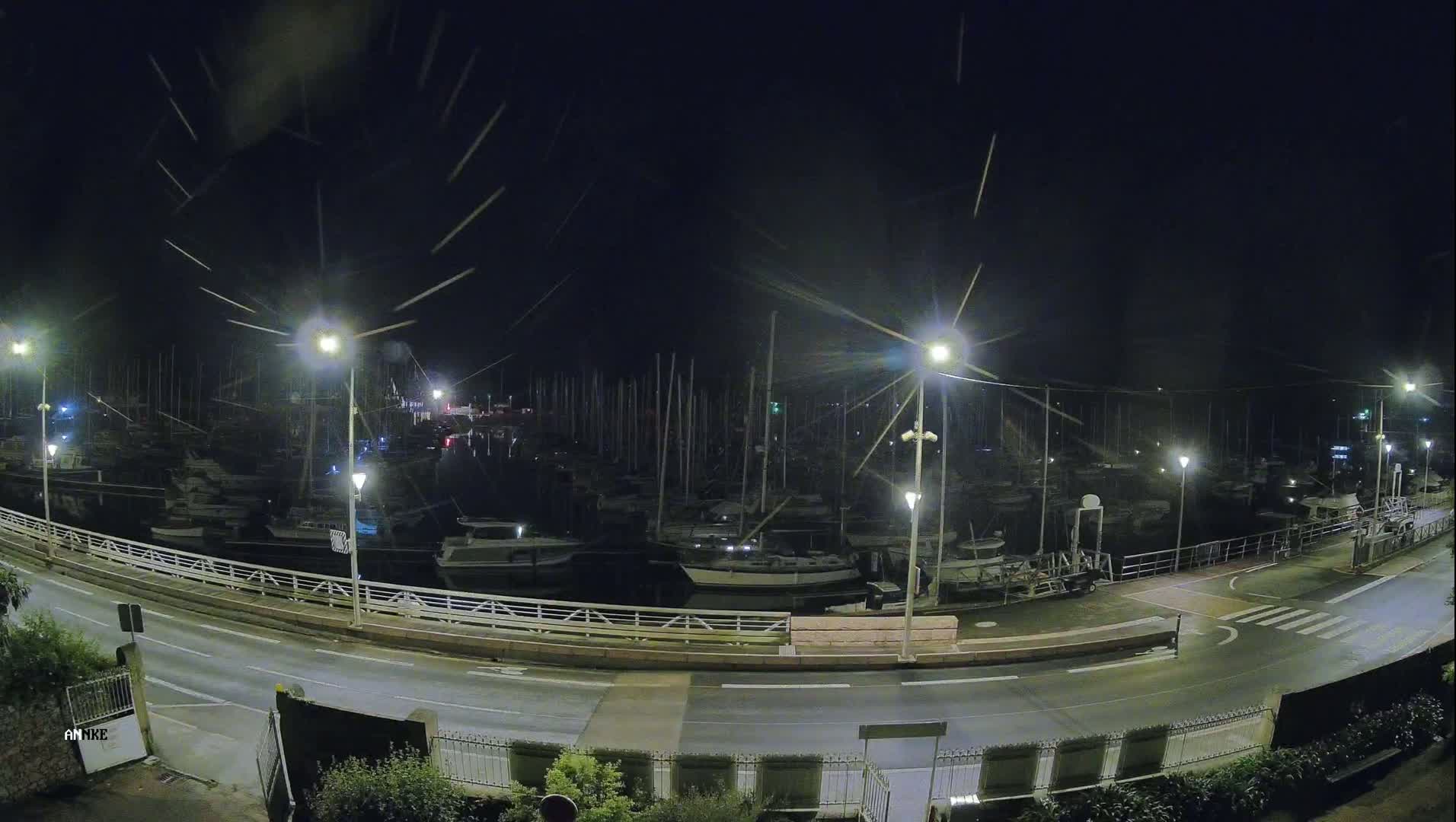 A nighttime view of a marina filled with boats under a dark sky with light rain or snow.