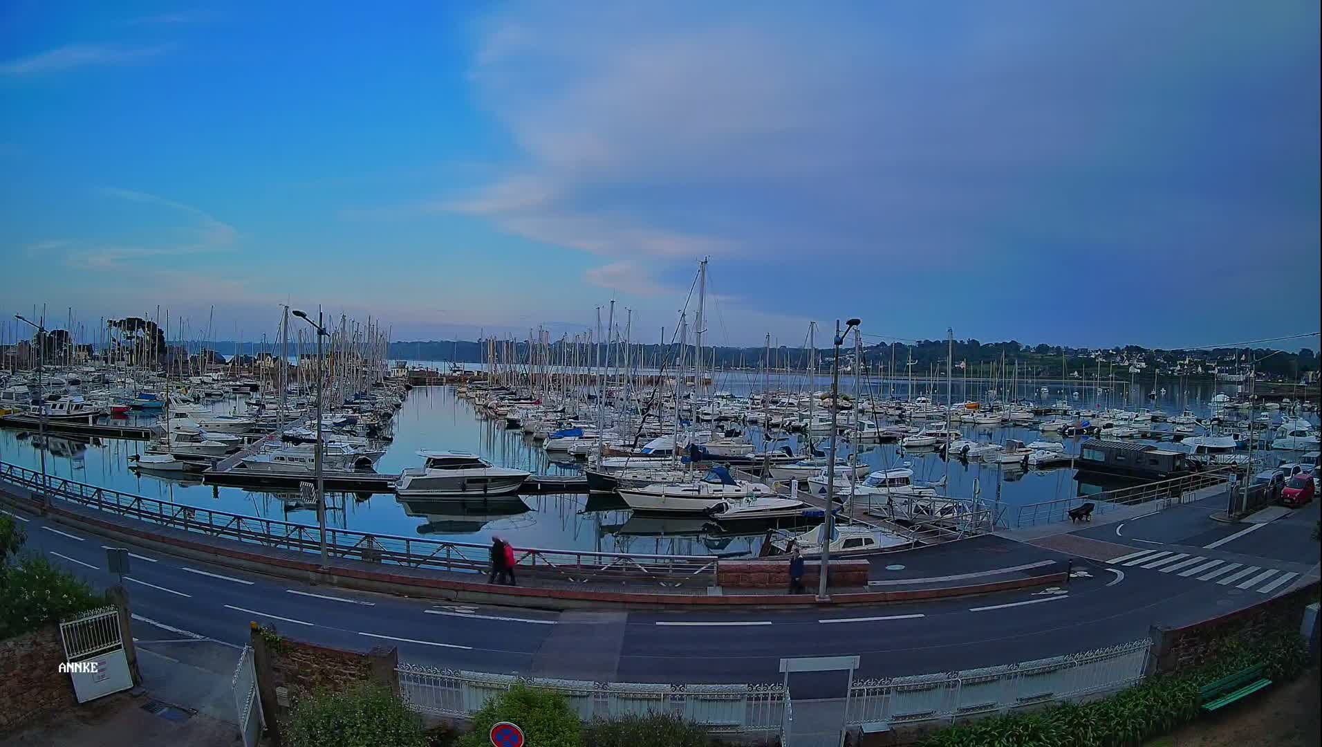 A calm harbor filled with numerous sailboats and motorboats under a twilight sky.
