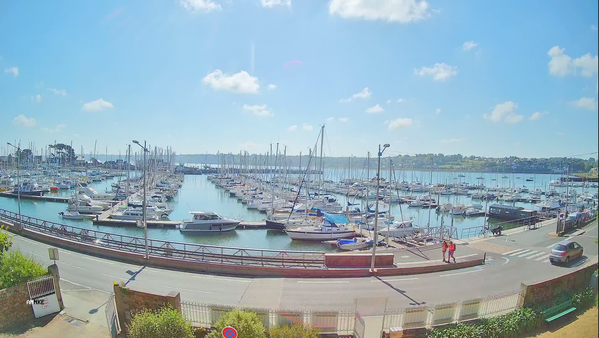 A sunny day reveals a harbor filled with numerous sailboats and motorboats, a road curving past it, and a few pedestrians walking along the waterfront.