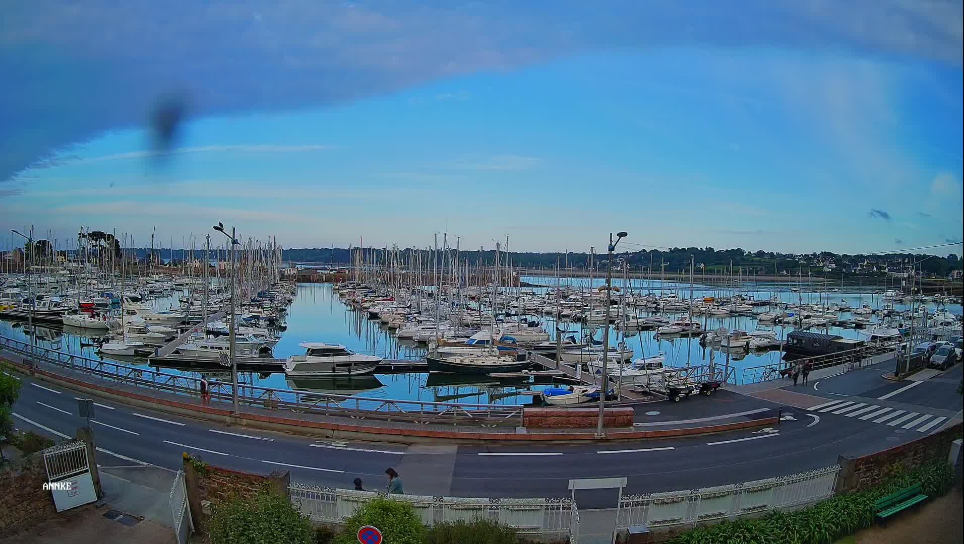 A marina filled with numerous sailboats and motorboats under a mostly clear, light blue sky.