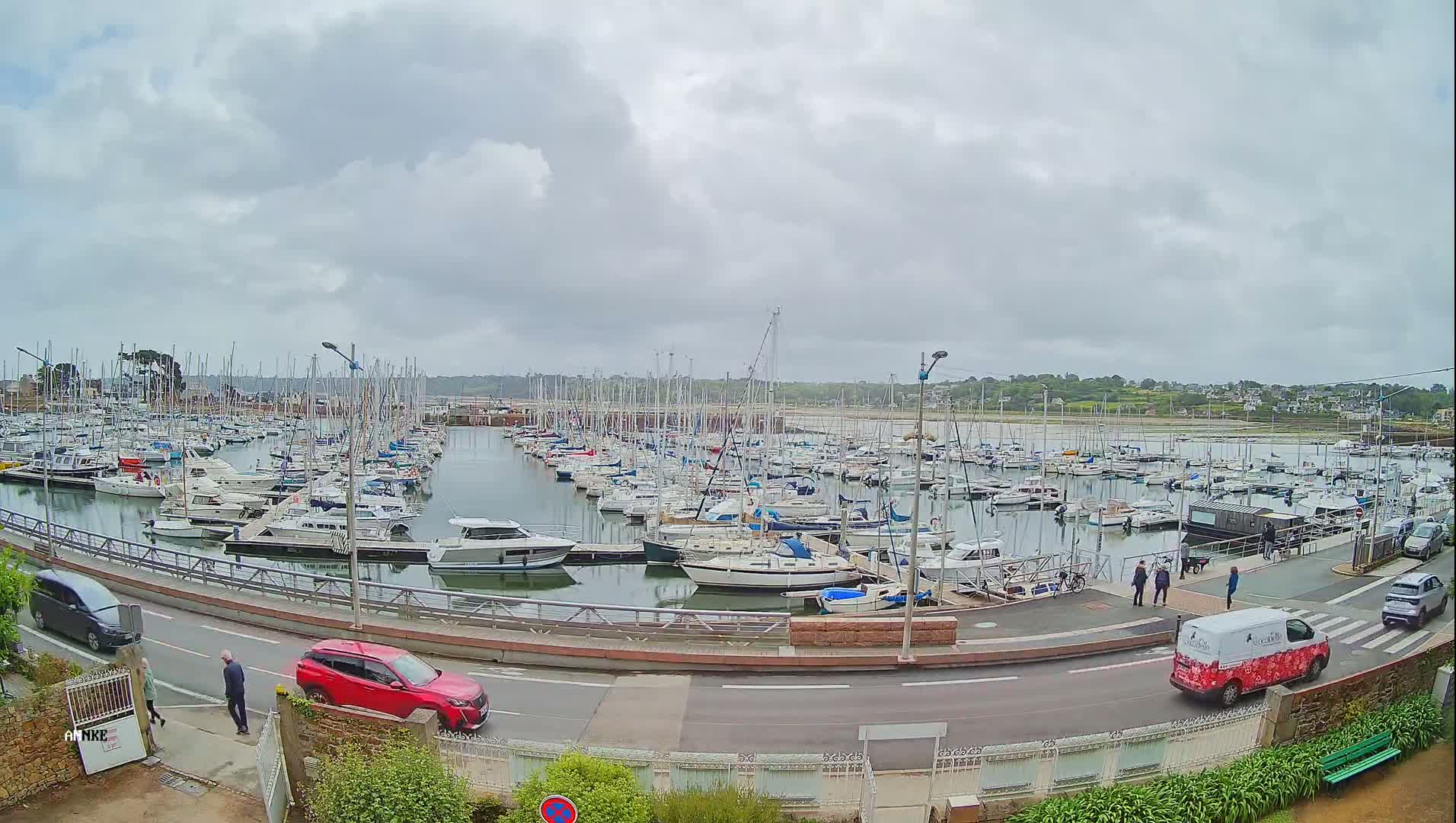 A large marina filled with numerous sailboats and motorboats is viewed from a slightly elevated position on an overcast day.
