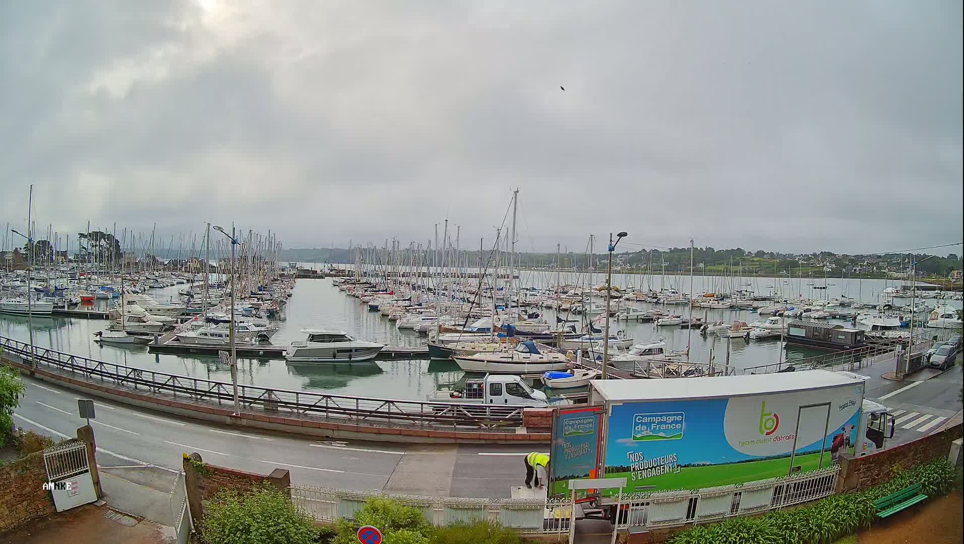 A harbor filled with numerous boats and yachts under an overcast sky.