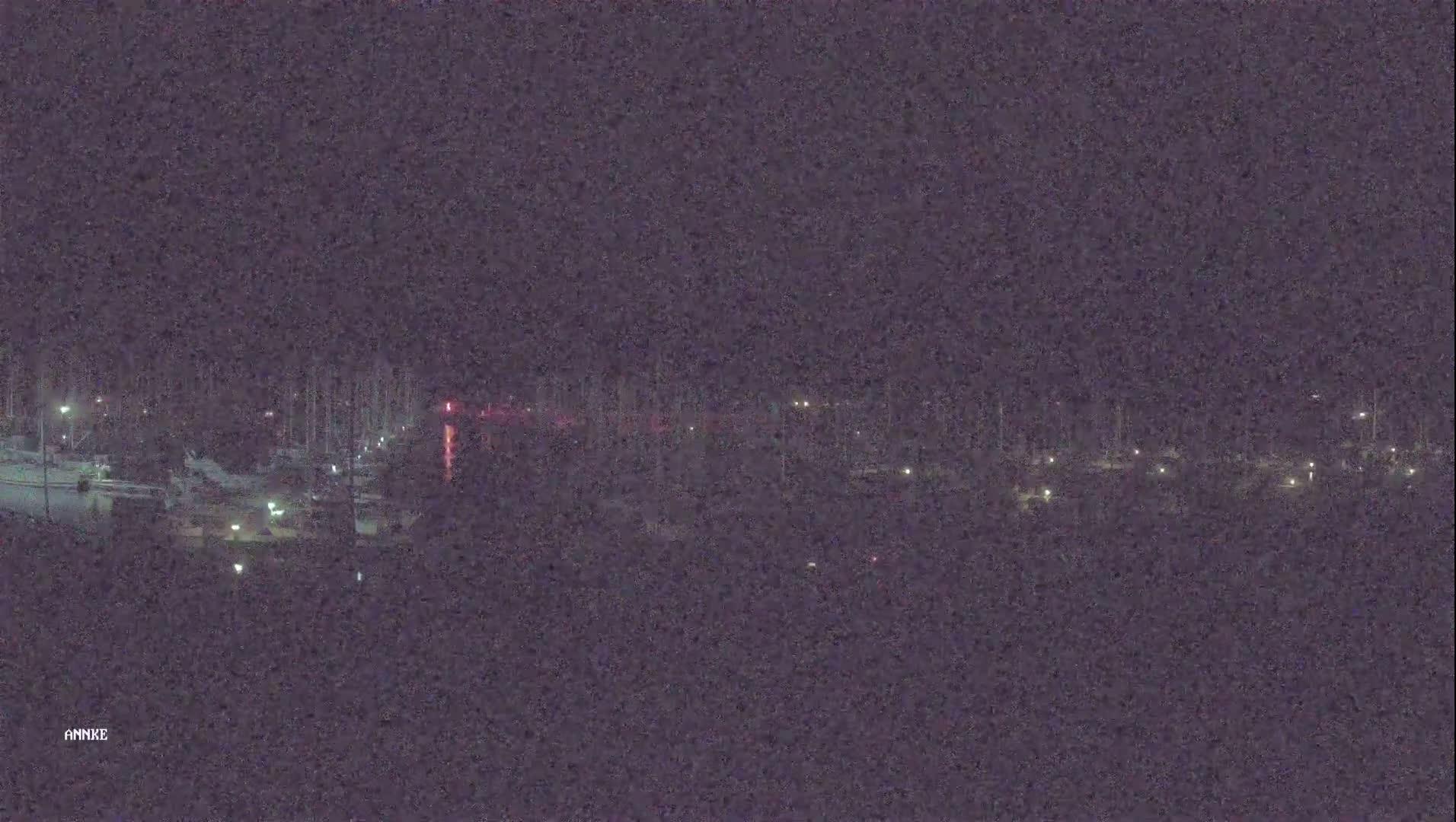 A nighttime, low-light view of a marina with boats docked, dimly lit by scattered lights.