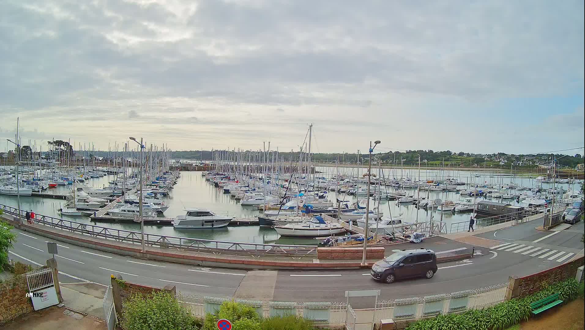 A marina filled with numerous sailboats and motorboats under a cloudy sky.