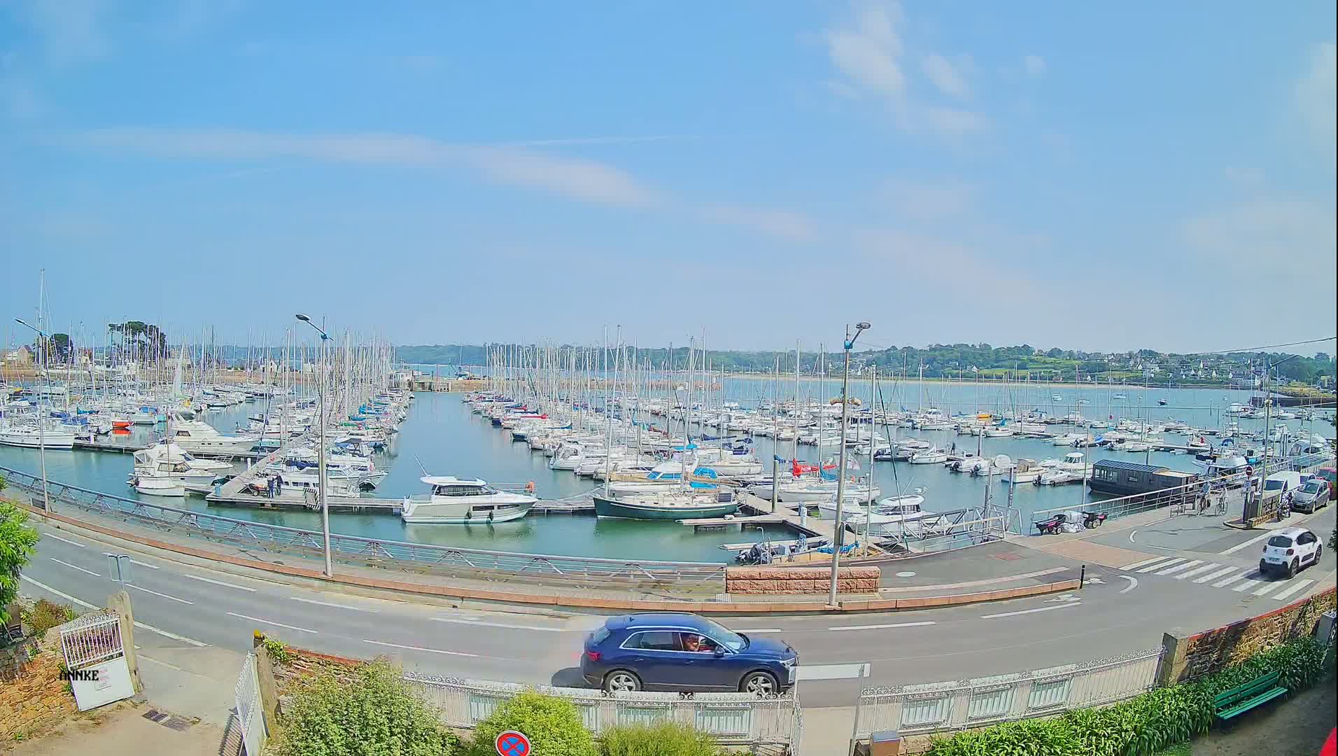 A marina filled with numerous sailboats and motorboats under a clear, sunny sky, with a dark-blue SUV driving along a road adjacent to the water.
