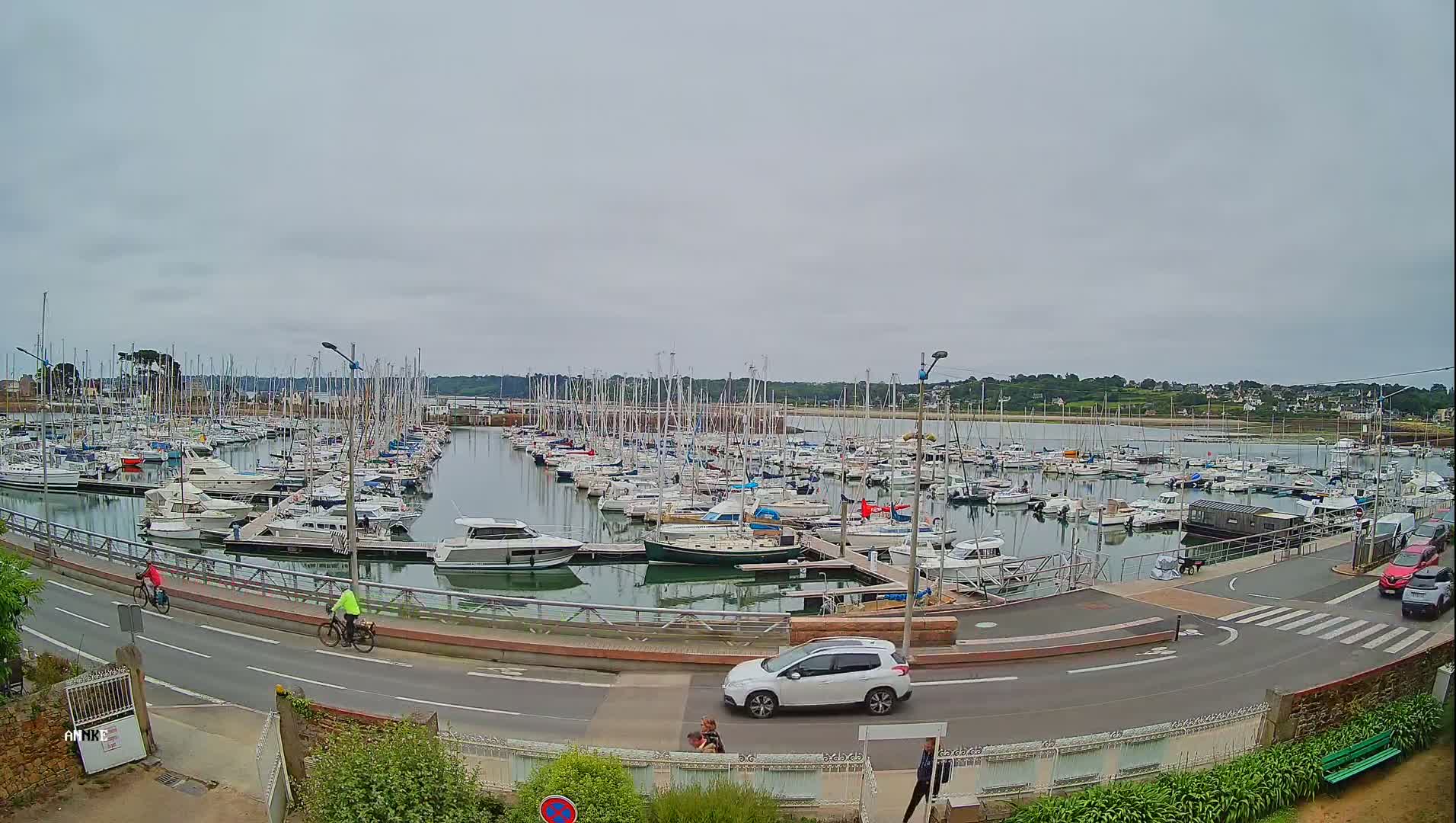 A marina filled with numerous sailboats and motorboats is seen on an overcast day, with cyclists and a car visible on a road adjacent to the water.