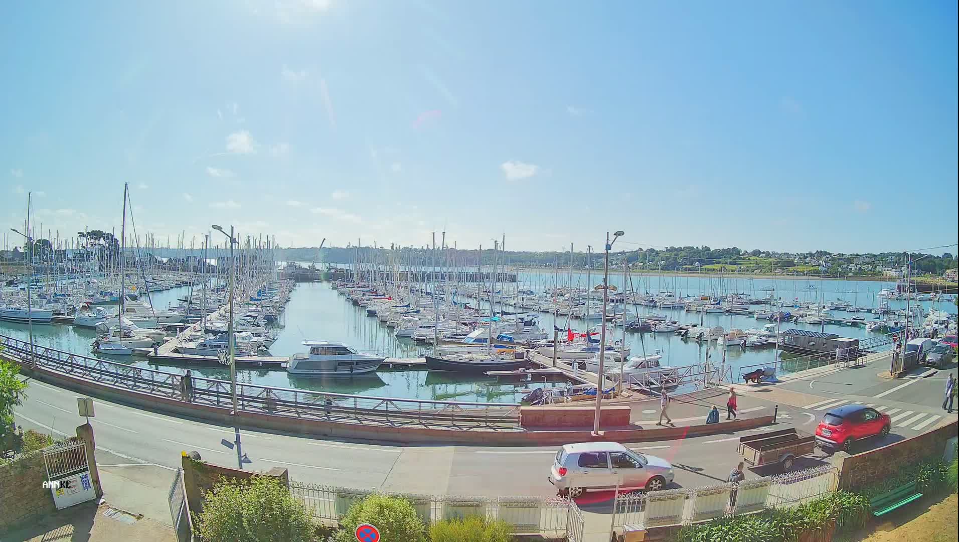 A sunny day at a marina shows numerous sailboats and motorboats docked, with a few pedestrians and cars visible along the waterfront road.