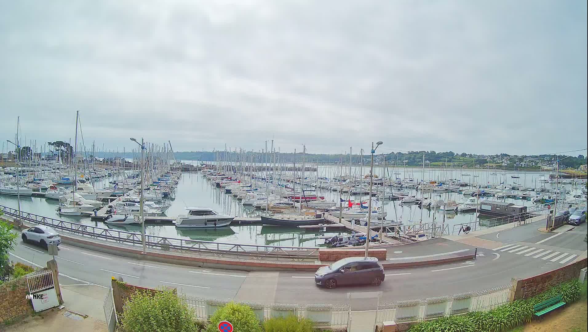 A marina filled with numerous sailboats and motorboats is seen under an overcast sky, with a road and a few cars visible in the foreground.