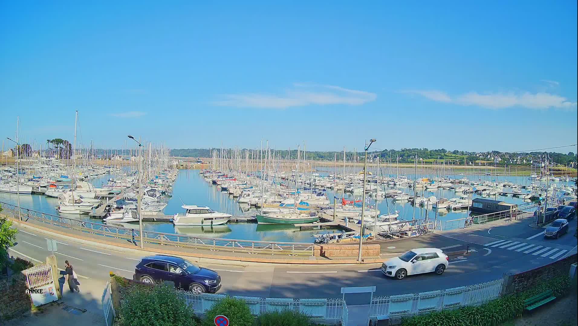 A sunny day shows a marina filled with numerous sailboats and motorboats, with cars driving on a road next to the water.