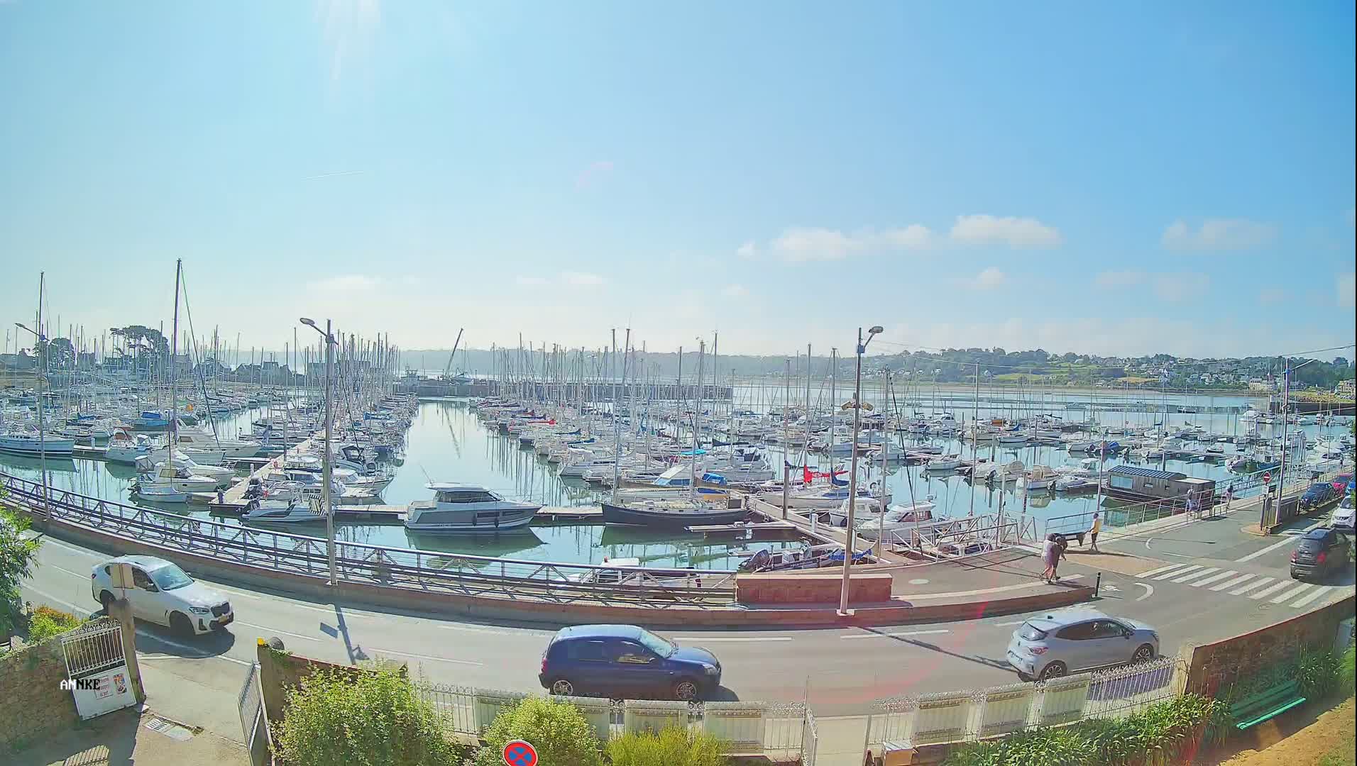 A sunny day reveals a calm harbor filled with numerous sailboats and motorboats, alongside a roadway with several cars parked nearby.