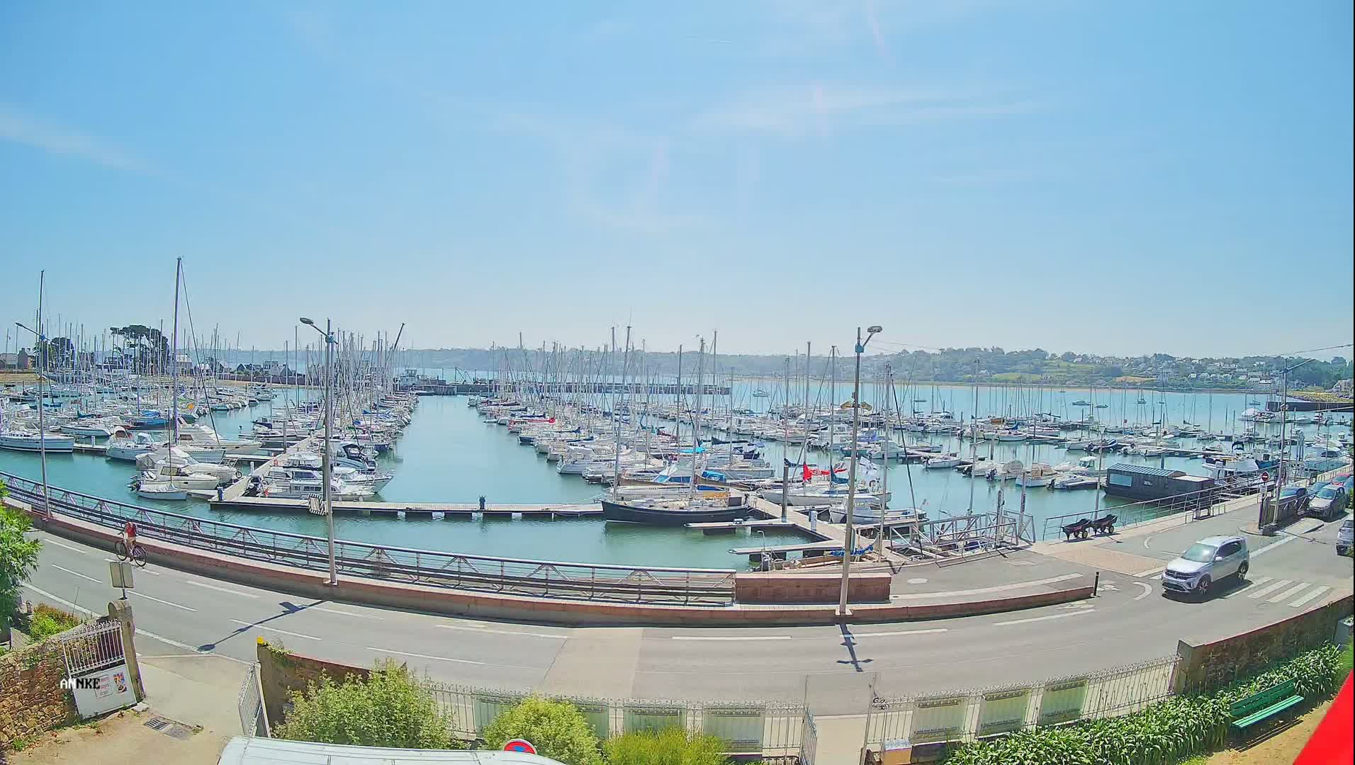 A marina filled with sailboats and motorboats is shown on a sunny day.