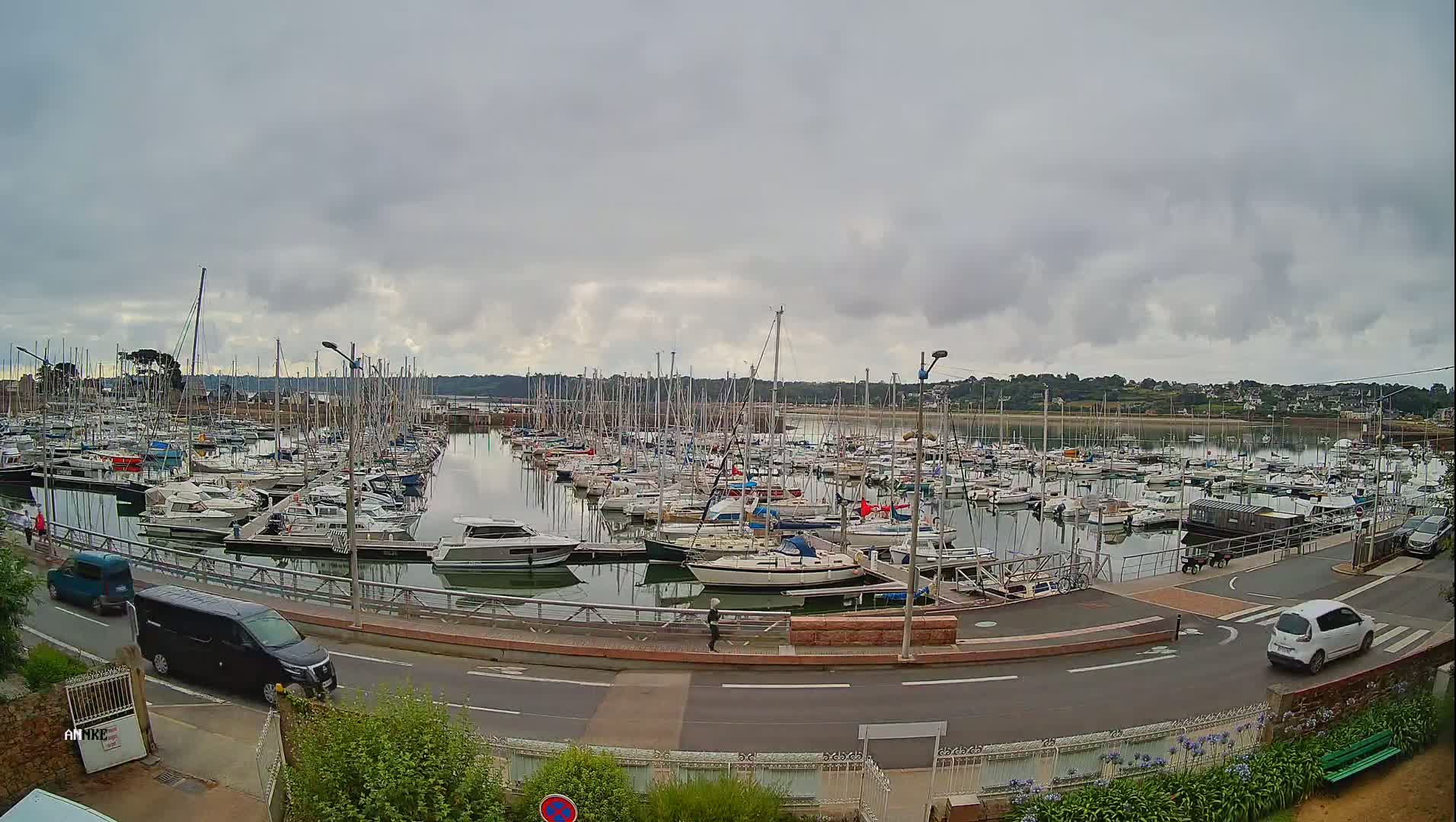 A marina filled with numerous sailboats and motorboats is seen under an overcast sky, with cars and pedestrians visible on a road nearby.