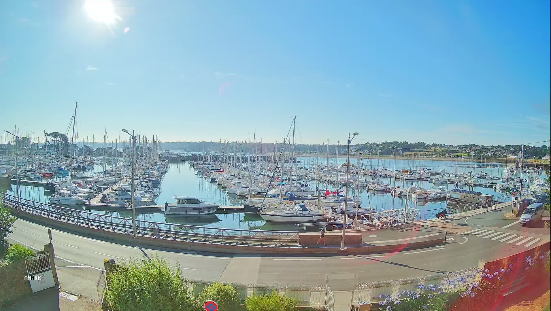 A sunny day reveals a harbor filled with numerous sailboats and motorboats, bordered by a roadway and lush greenery.
