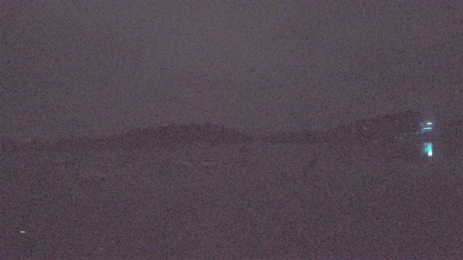 A dark, blurry landscape is visible under a hazy, gray sky.