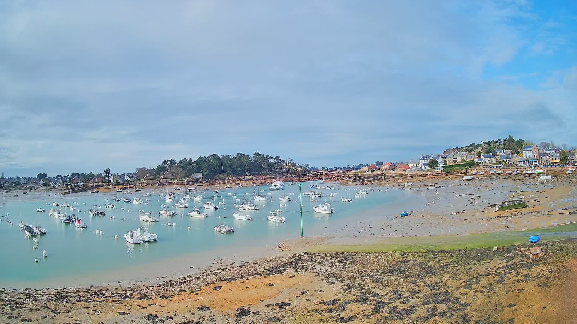 Numerous small white boats are moored in a calm, shallow bay under a mostly cloudy sky, with a small village visible on the shore.