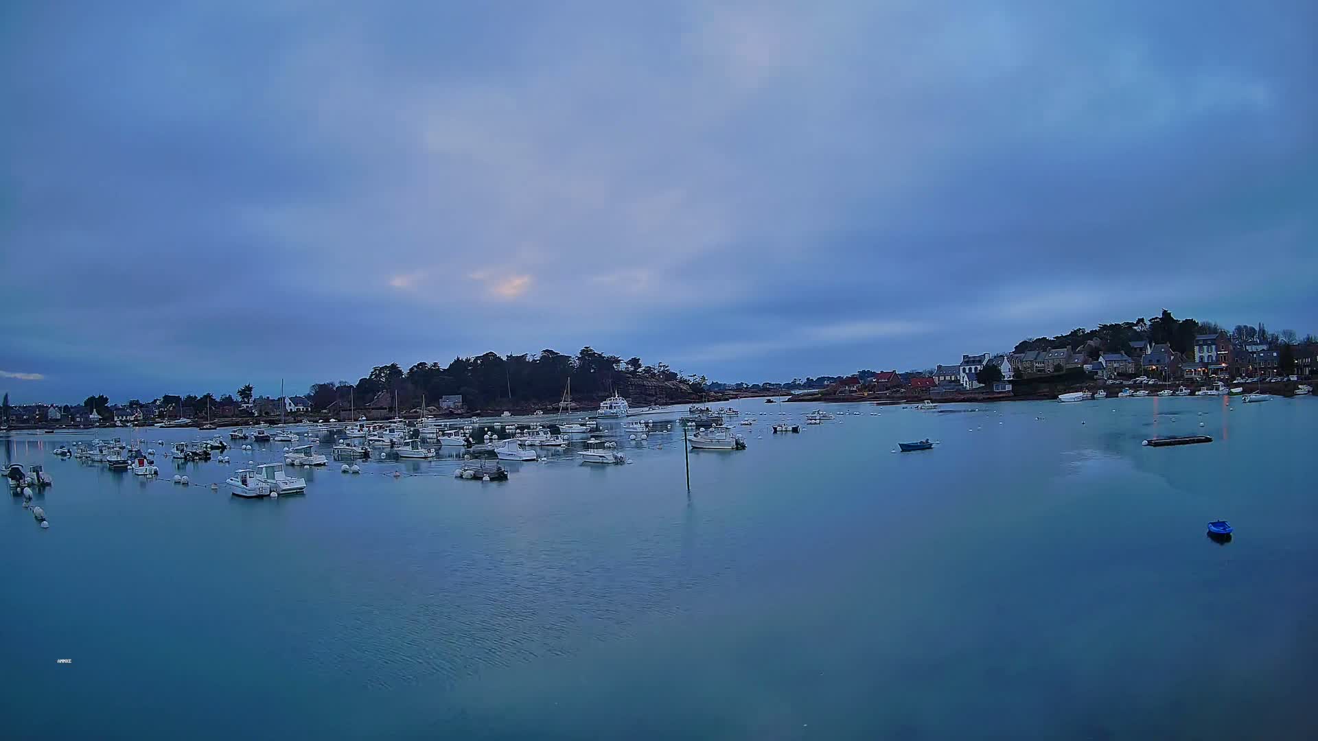Many small white boats are moored in a calm, blue body of water under a cloudy, twilight sky, with a small village visible in the background.