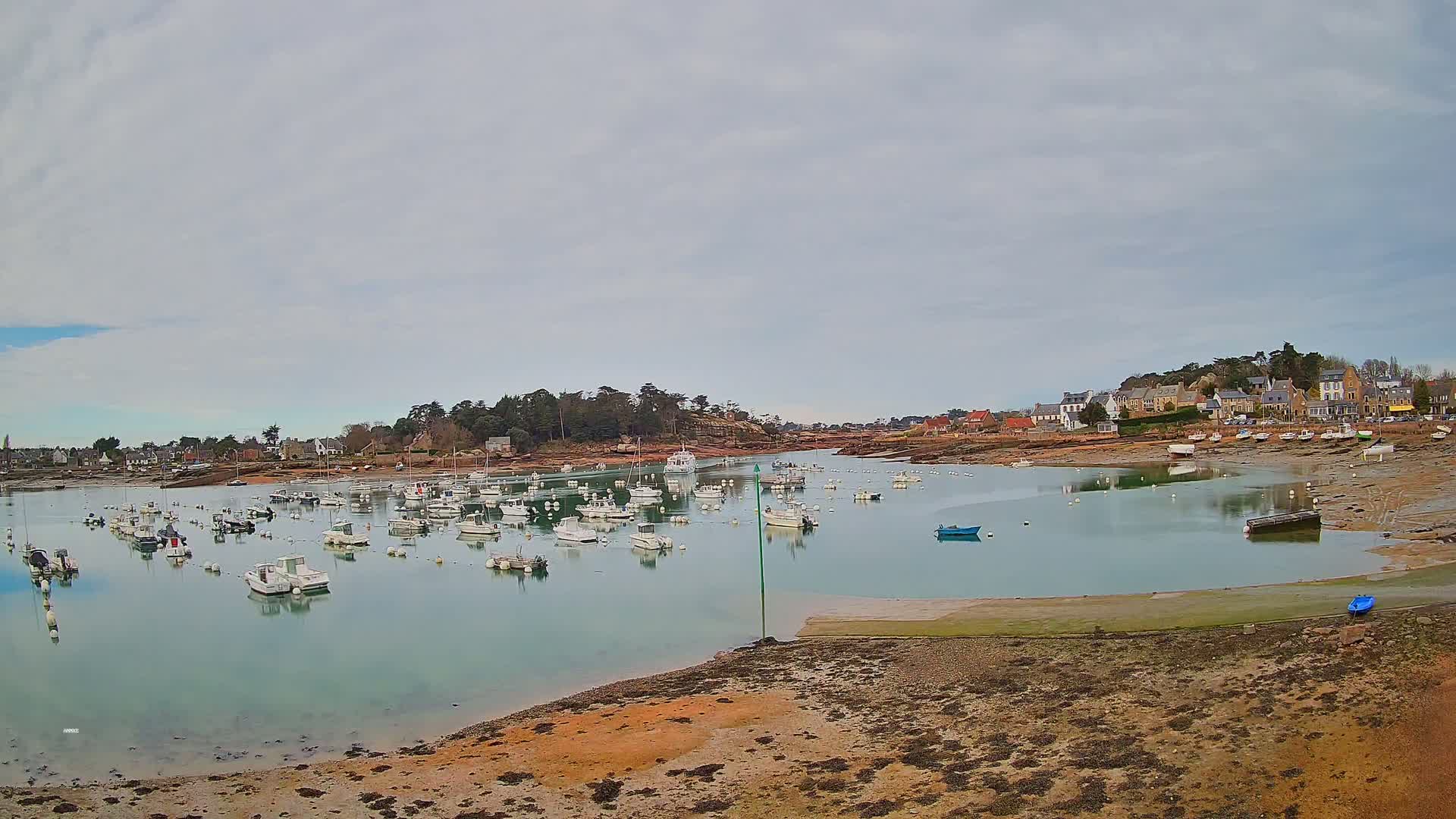 A calm, overcast day reveals a harbor filled with numerous small boats nestled beside a shoreline village under a cloudy sky.