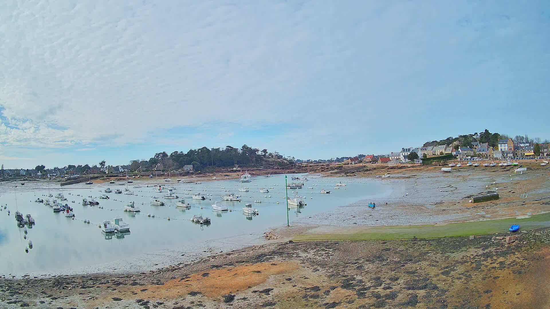 Numerous small white boats are moored in a calm bay at low tide, with a small village visible in the background under a partly cloudy sky.