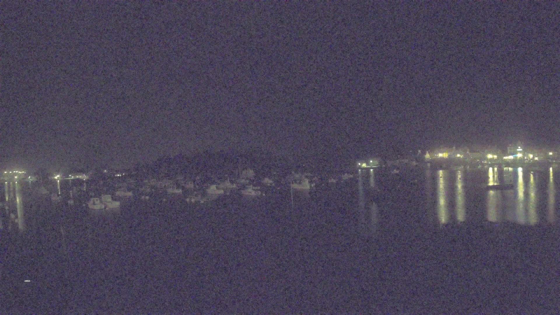 A nighttime view of a harbor filled with boats, with lights reflecting on the calm water.
