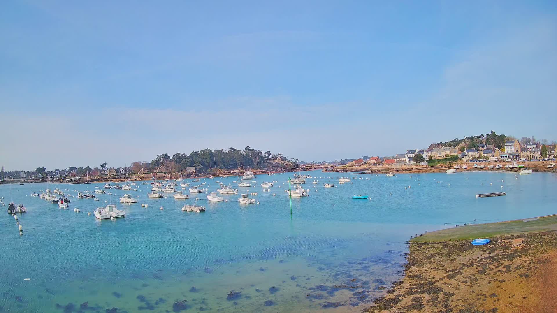 A calm, clear day reveals a picturesque harbor filled with numerous white boats moored near a small village nestled beside a tranquil body of water.