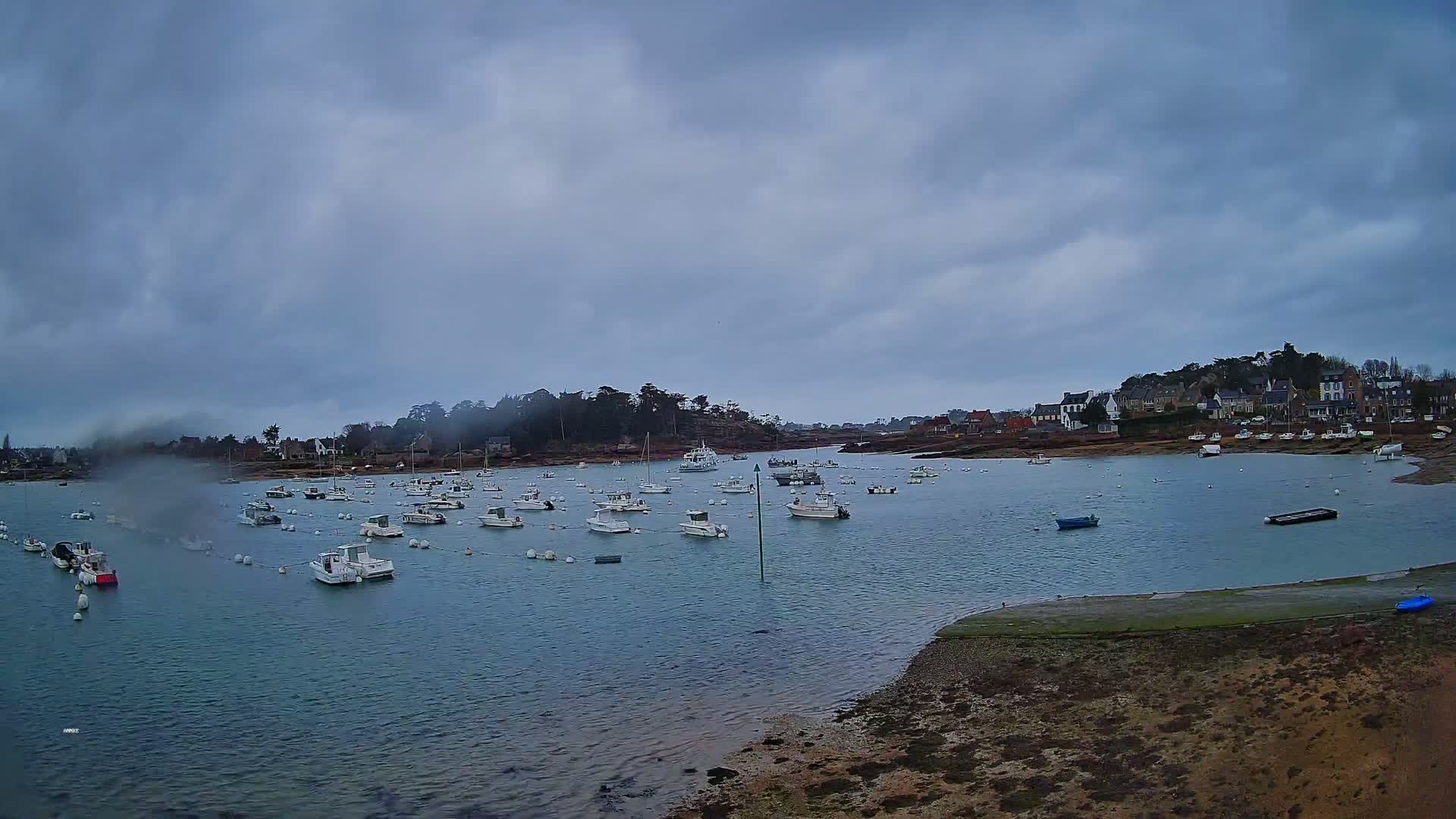 Numerous small boats are moored in a calm bay under an overcast sky, with a small village visible on the far shore.
