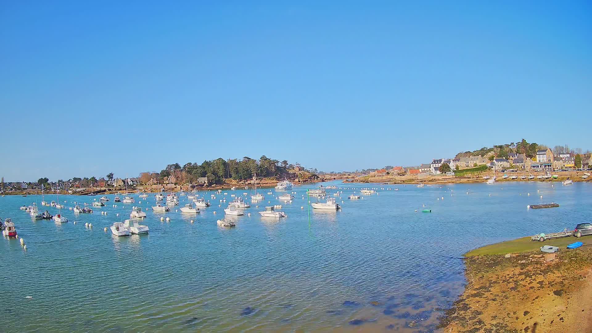 A calm, sunny day reveals a harbor filled with numerous small white boats, nestled beside a shoreline village under a clear blue sky.