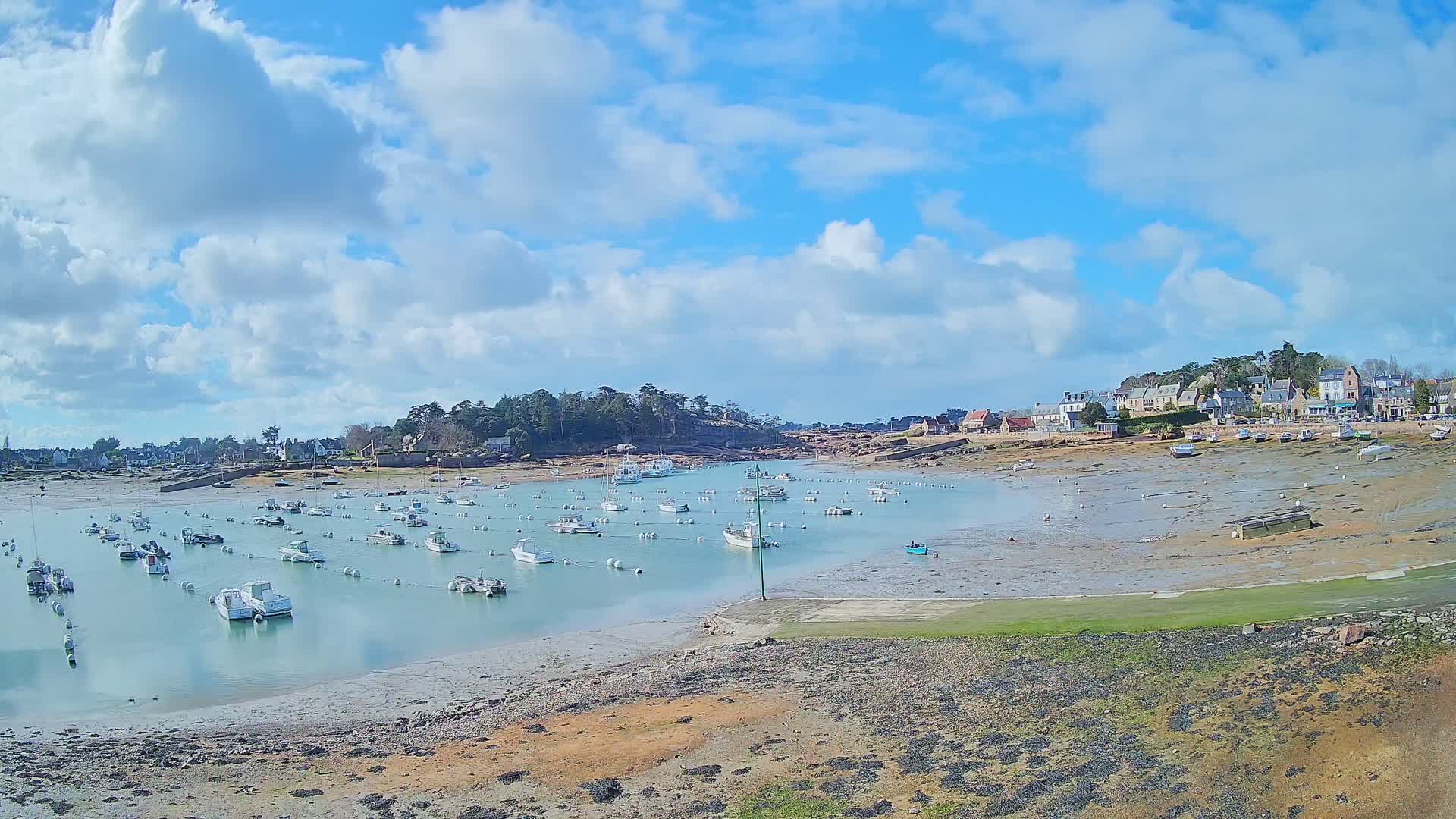 A harbor filled with numerous small white boats at low tide under a partly cloudy sky.