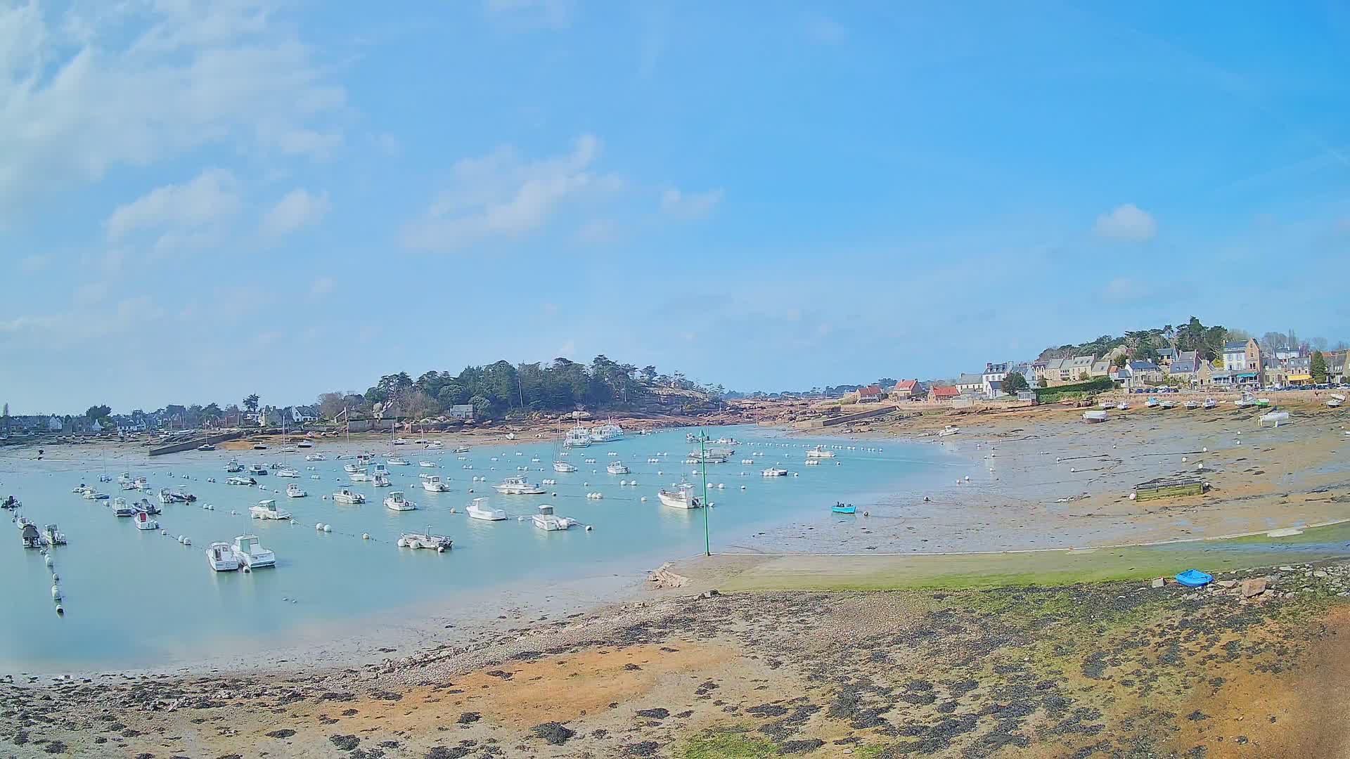 Many small white boats are moored in a calm, shallow bay under a mostly sunny sky, with a small village visible in the background on a low-tide day.