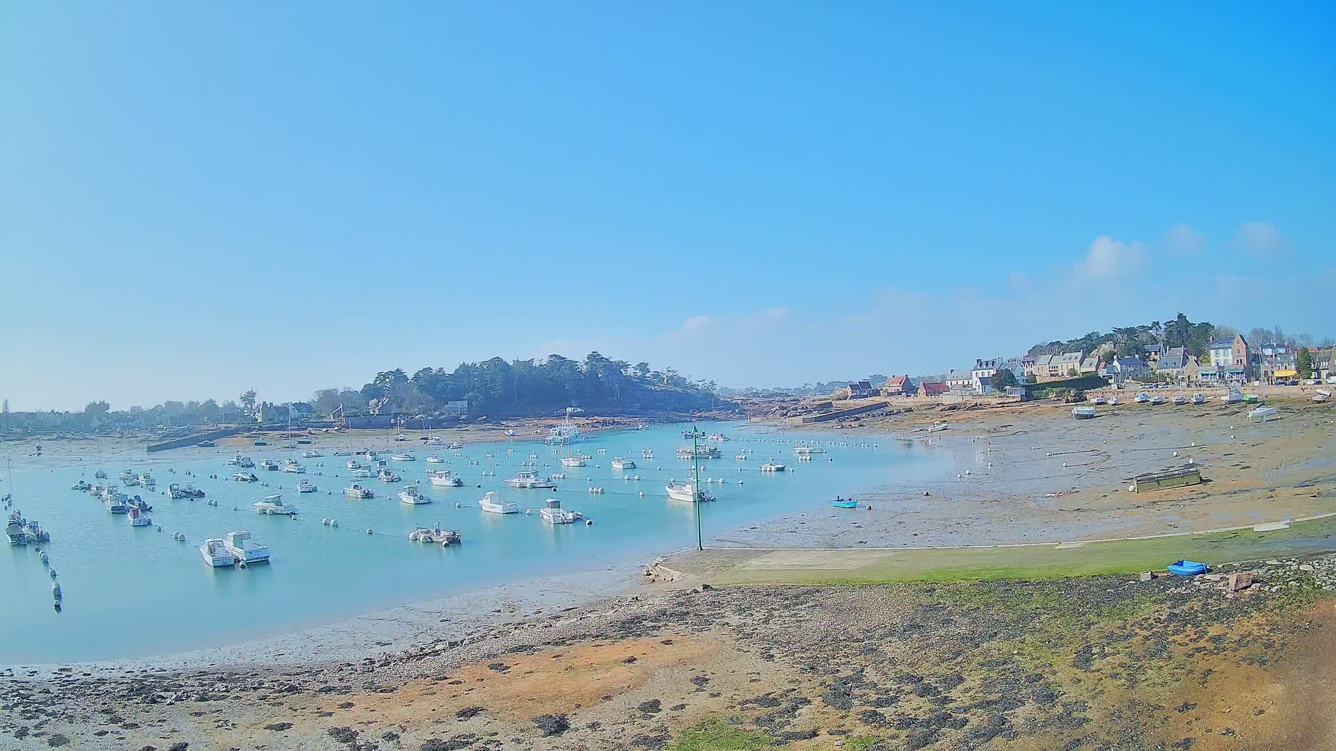 Under a clear blue sky, numerous small white boats are moored in a calm bay next to a small village with exposed mudflats at low tide.