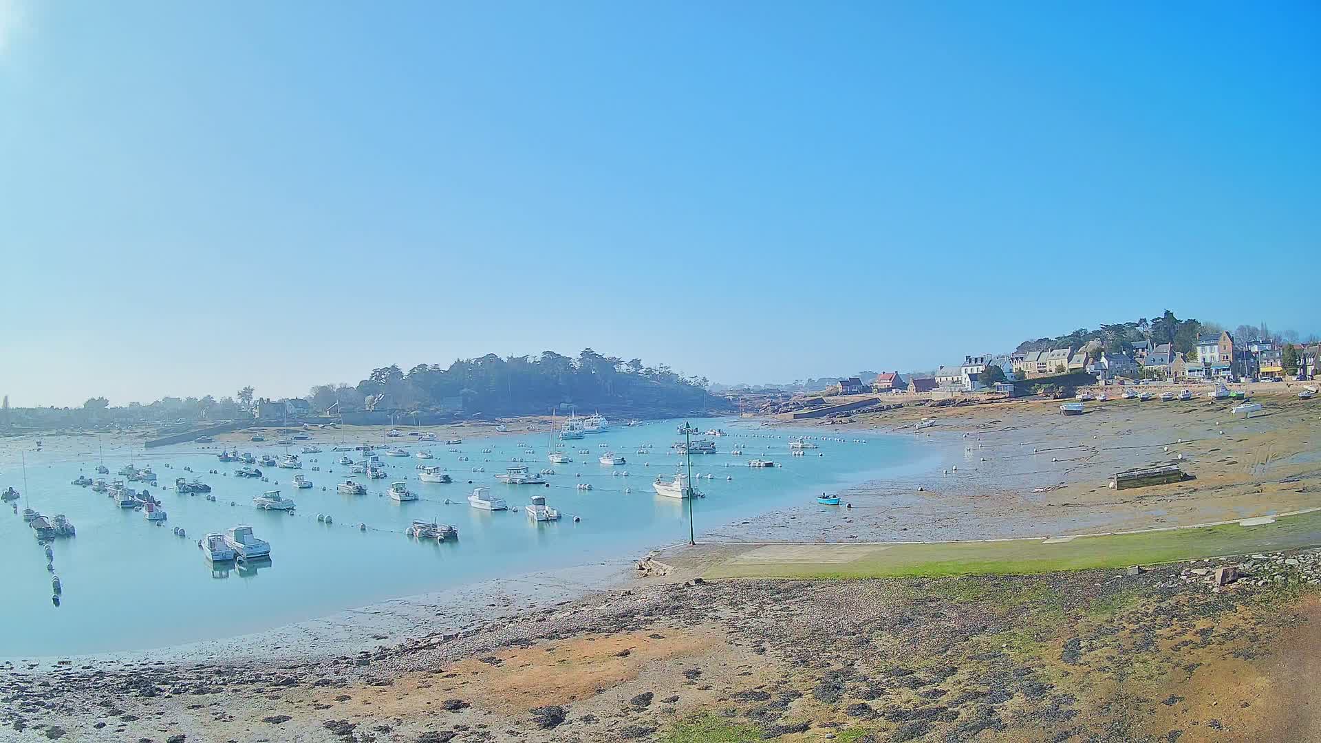 Many small white boats are moored in a calm harbor at low tide, under a clear blue sky, near a small village.