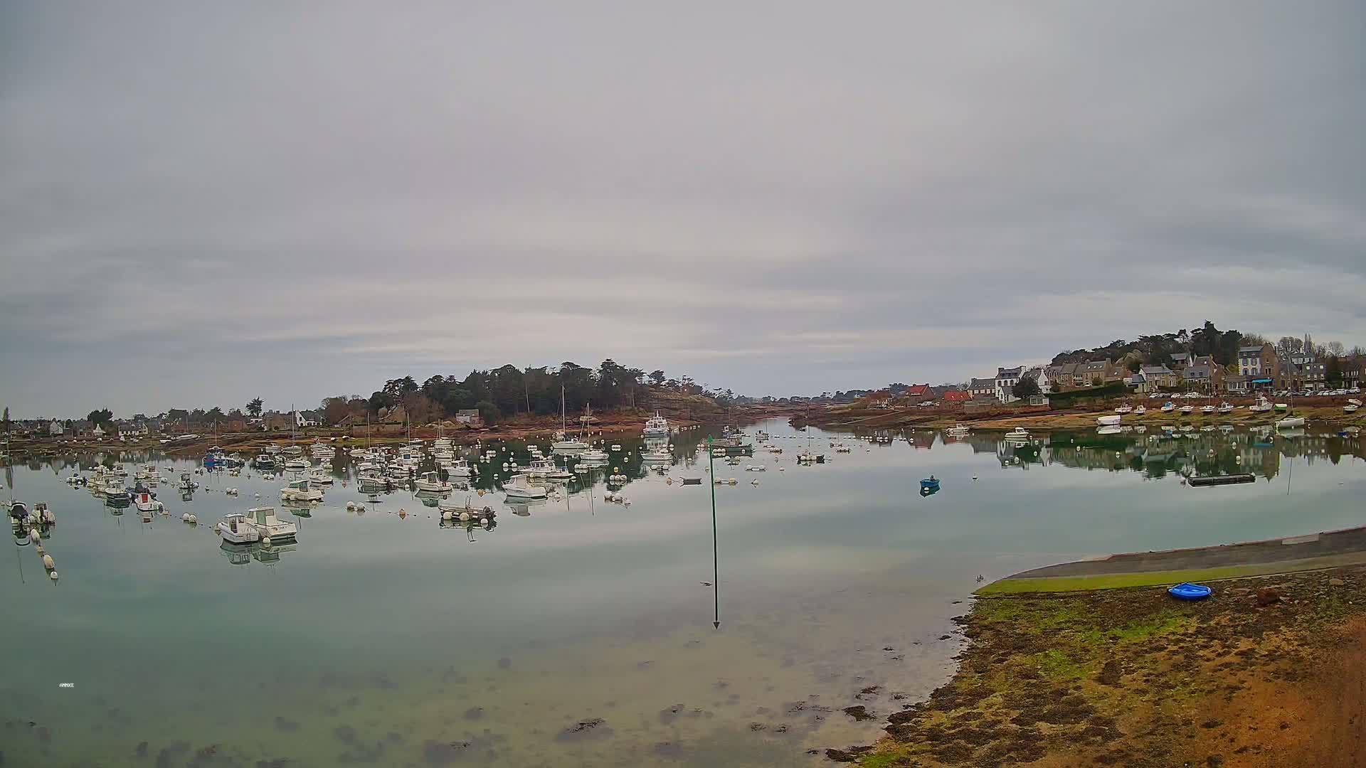 A calm, overcast day reveals a harbor filled with numerous small boats, reflecting the sky and buildings on the opposite shore.