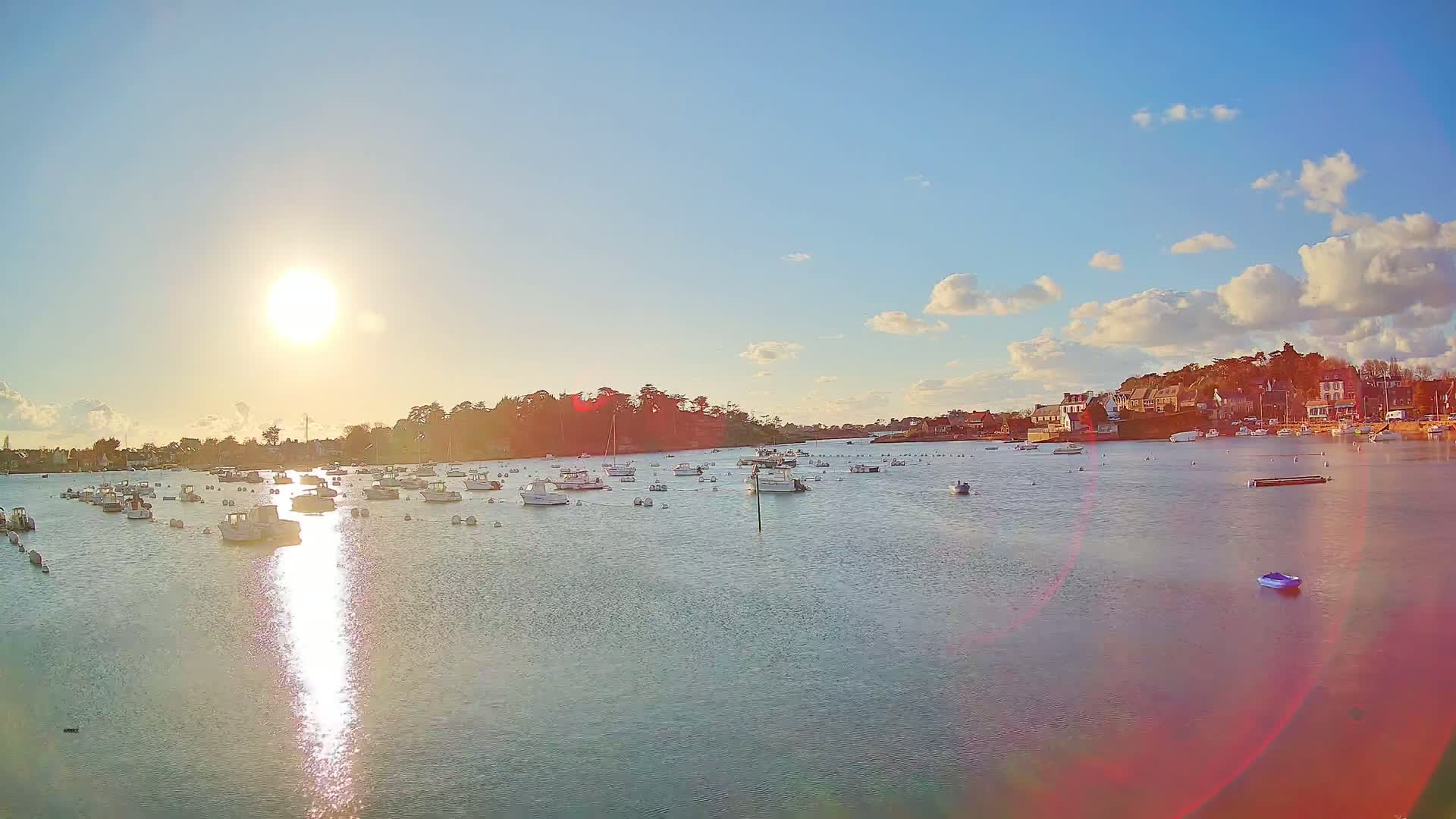 Numerous small boats are moored in a calm bay under a bright, sunny sky with scattered clouds, near a shoreline with buildings and trees.