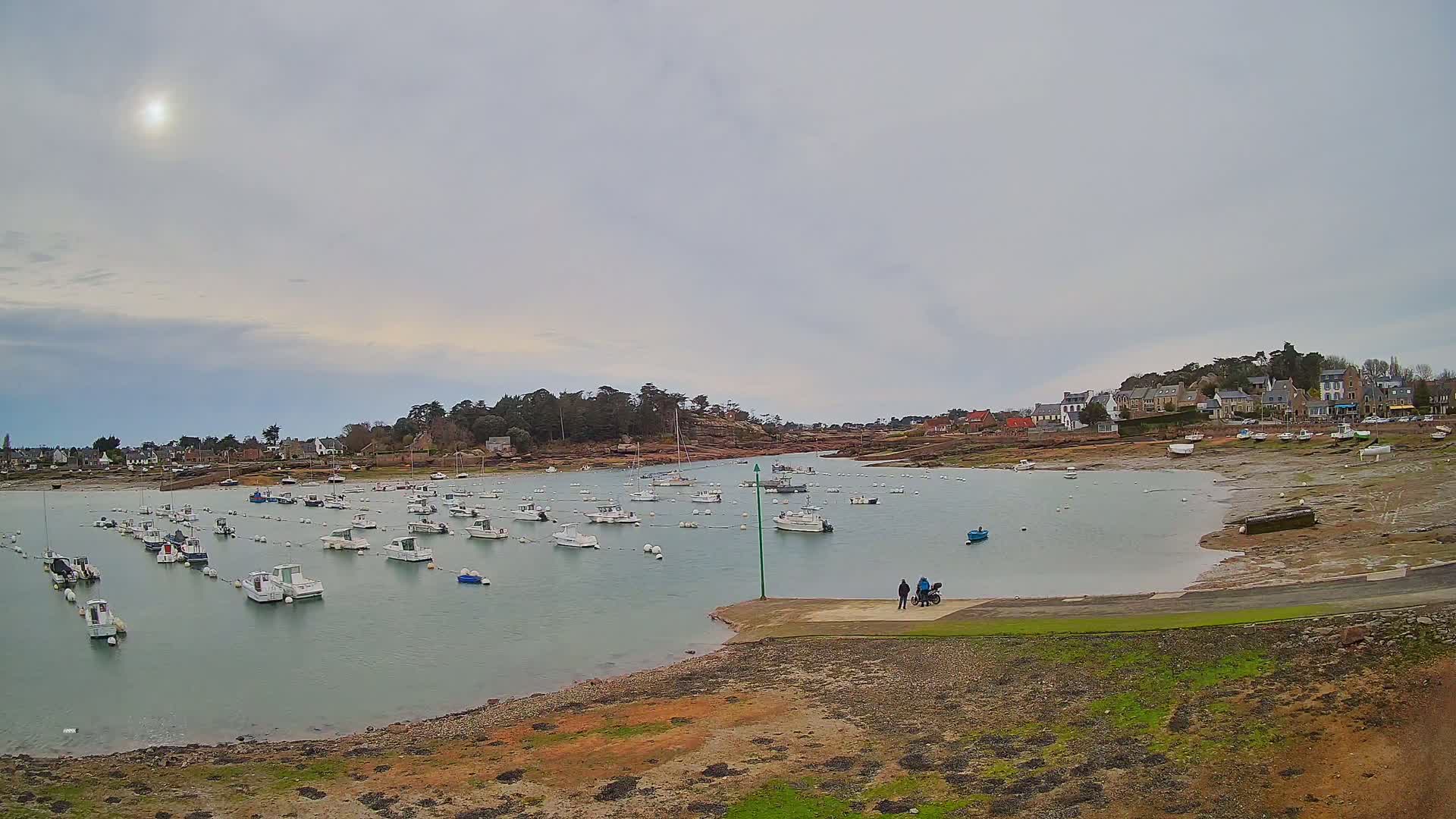 A calm harbor filled with numerous small white boats is nestled beside a small village under a cloudy sky.