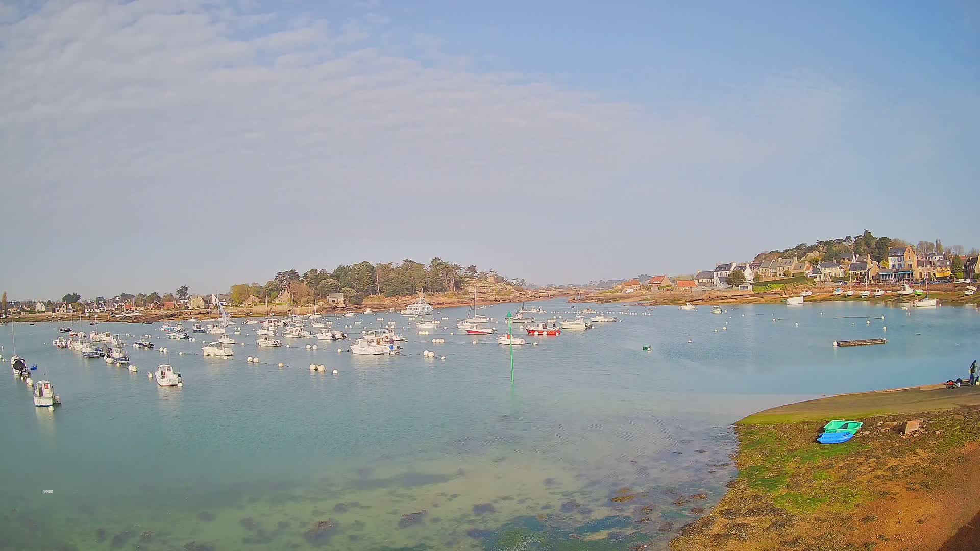 A calm bay filled with numerous small boats, under a mostly clear sky, is situated near a small village.